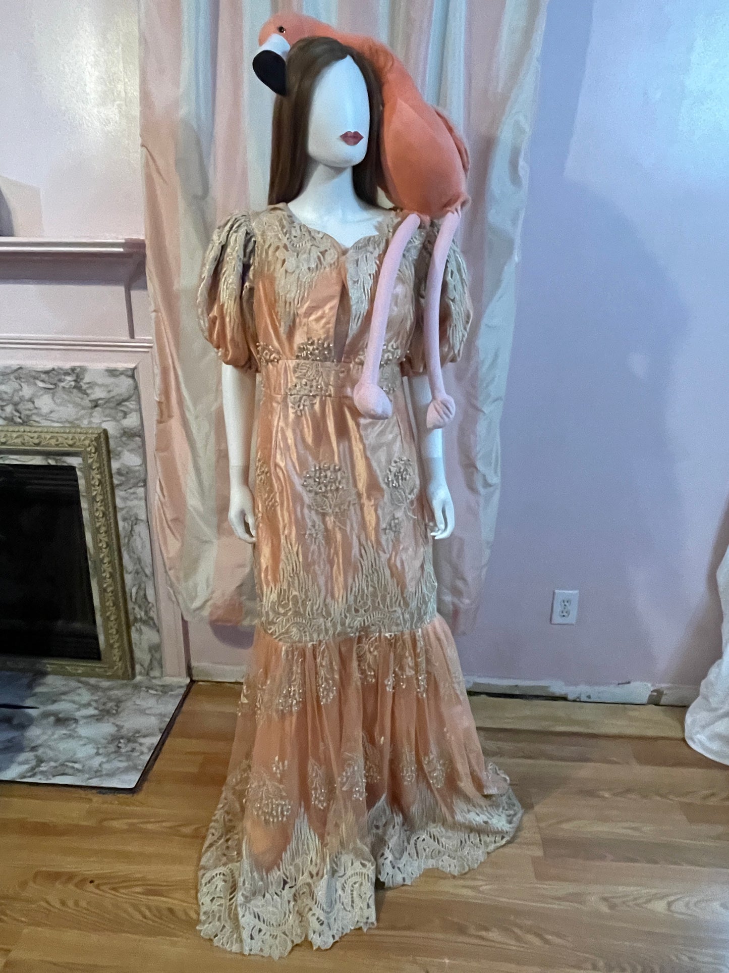 Vintage Pink Peach Satin Lace Dress Gown