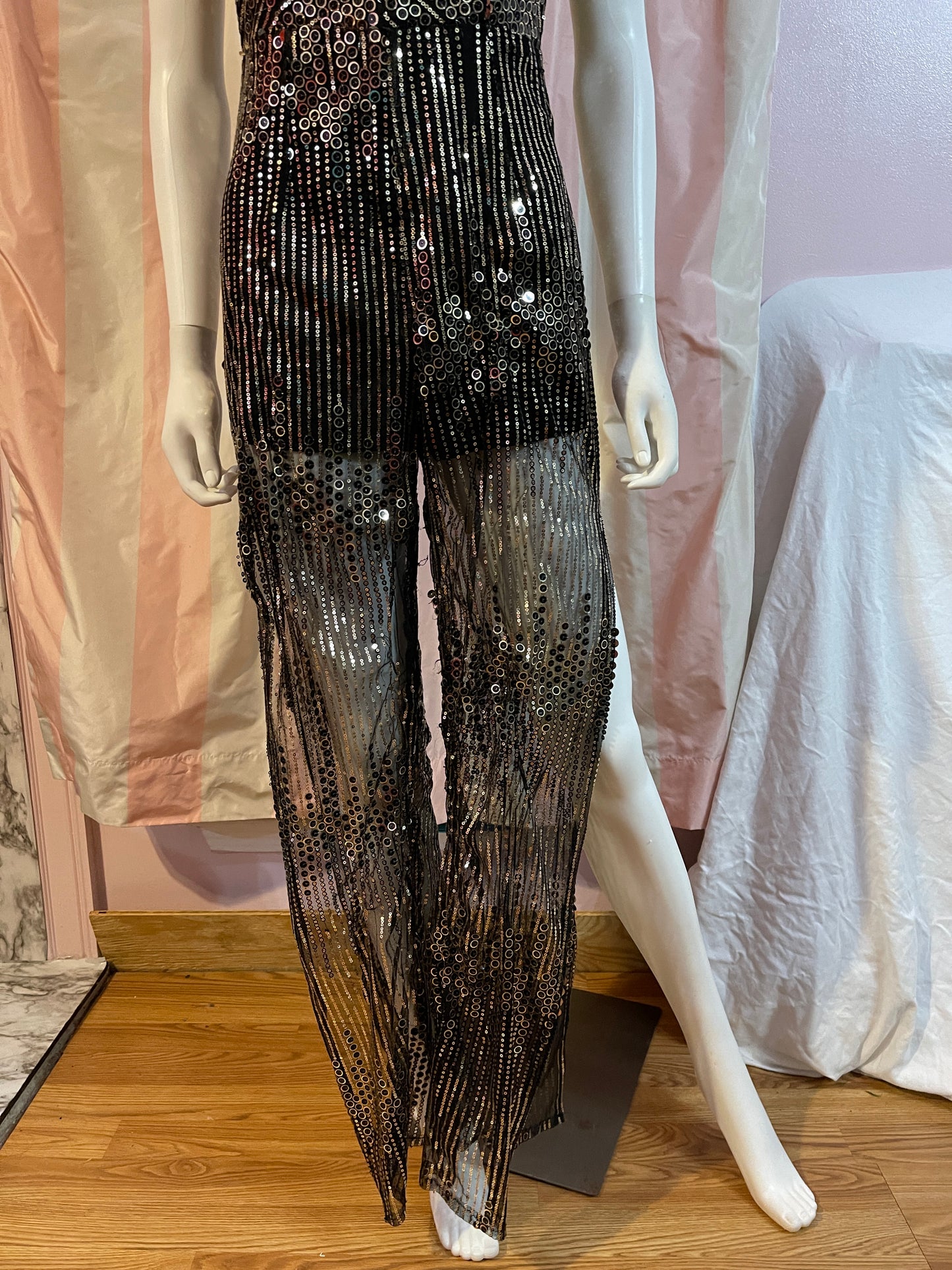 Vintage Gold Lane Black Sequin Sheer pantsuit