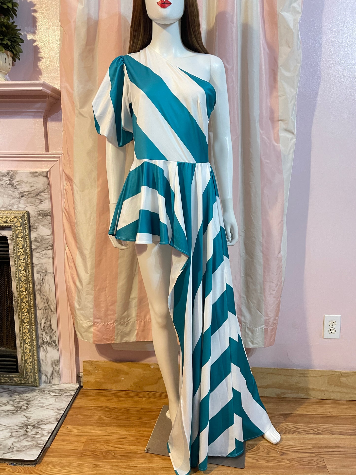 Green White Striped One Shoulder Hi lo open skirt peplum dress