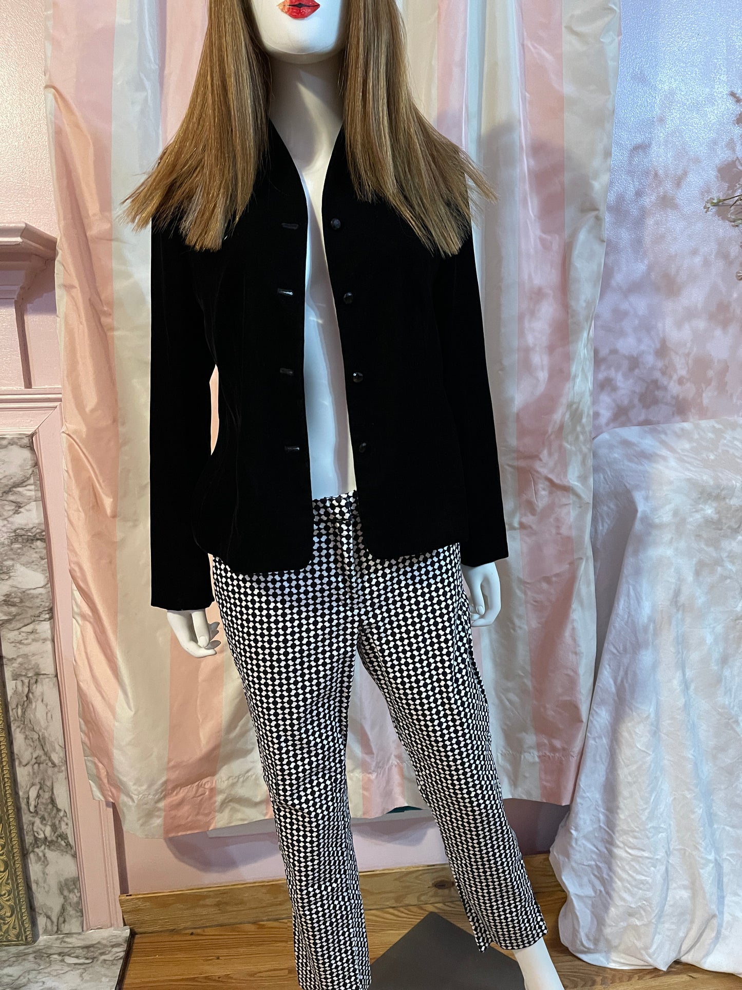 Black Velvet Shirt Jacket & Blk White Trouser Pants