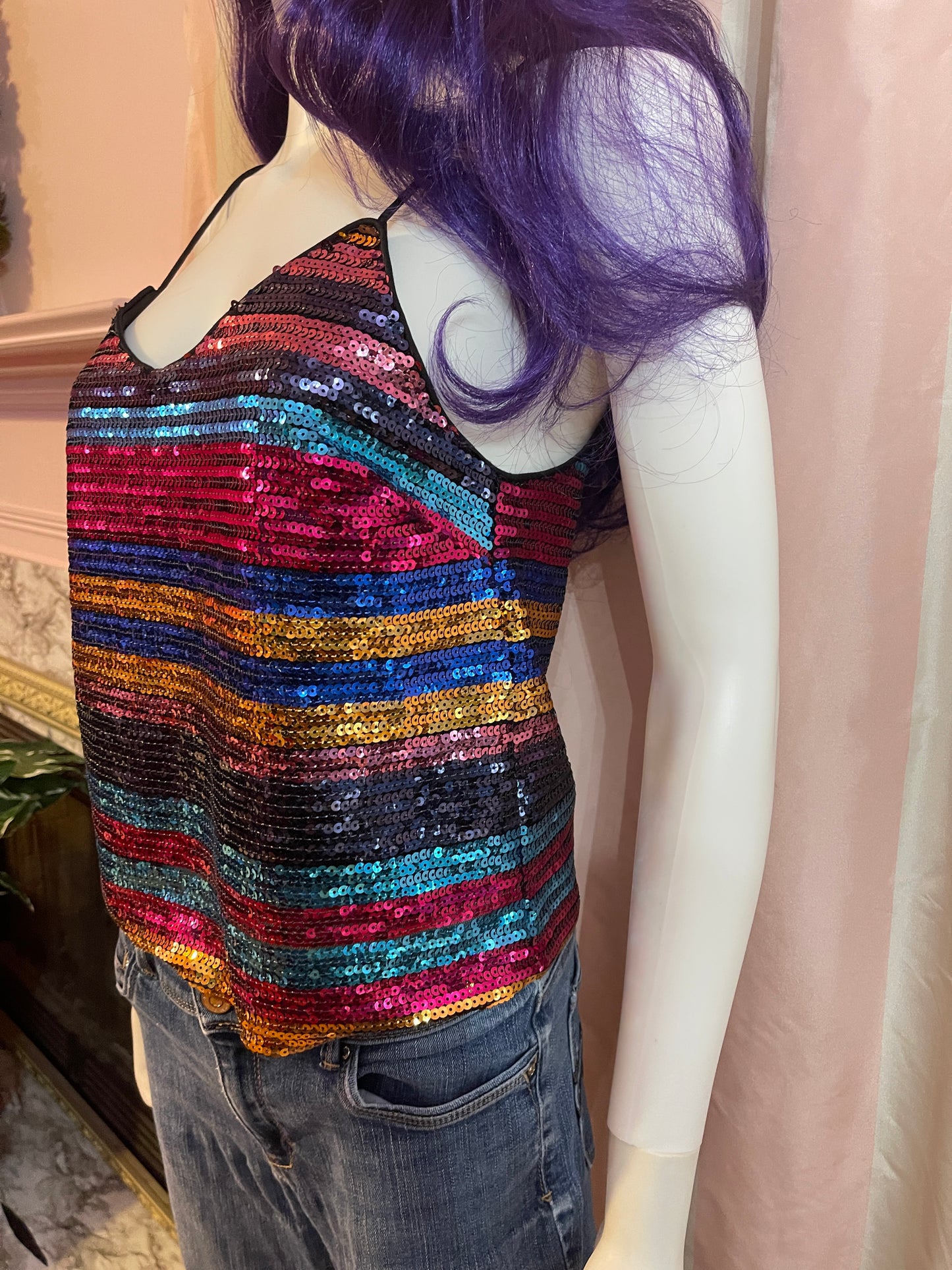 Rainbow Disco Sequin Top & Distressed Denim Jeans