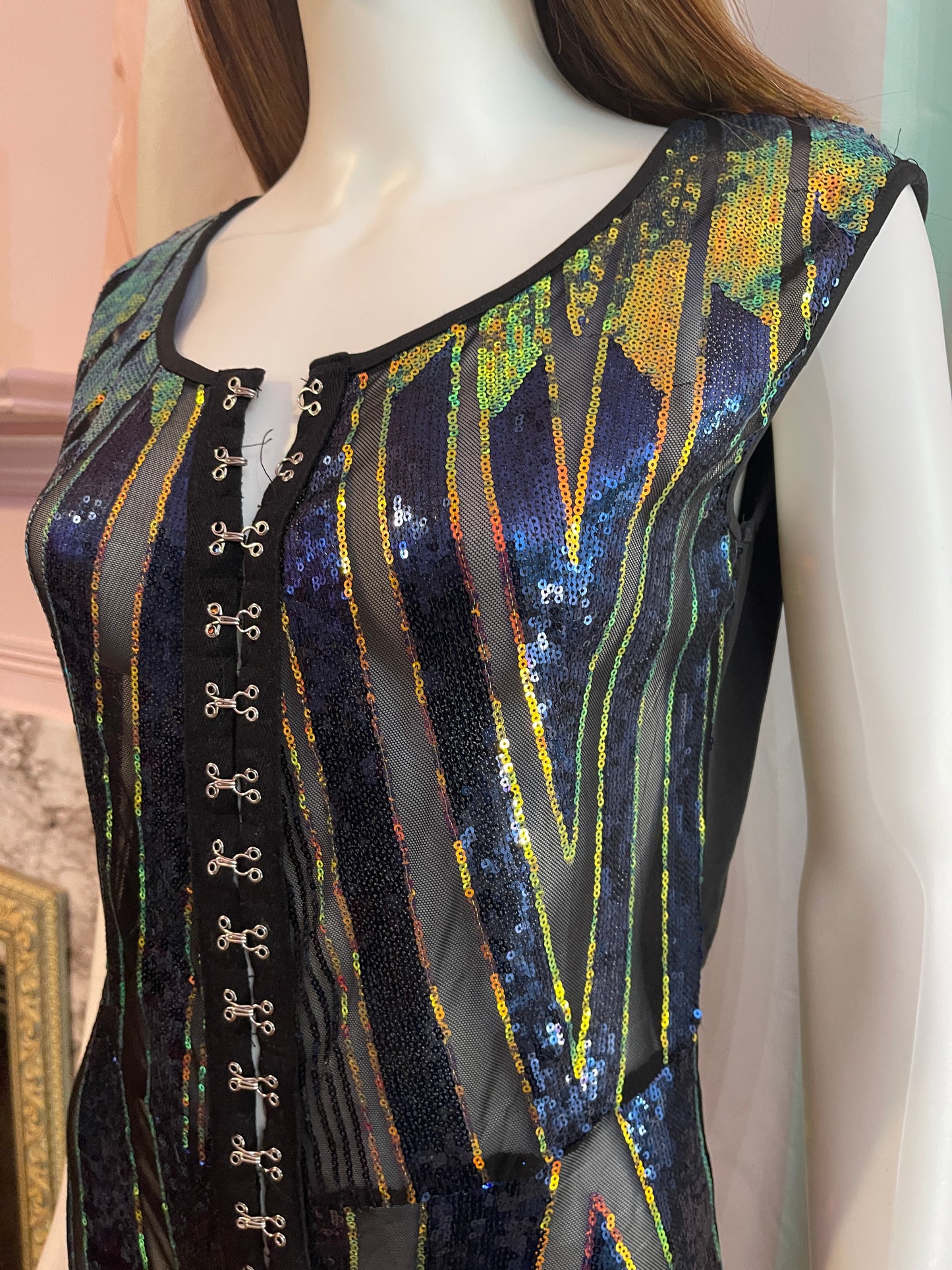 Vintage Black Blue Gold Sequin Jumpsuit