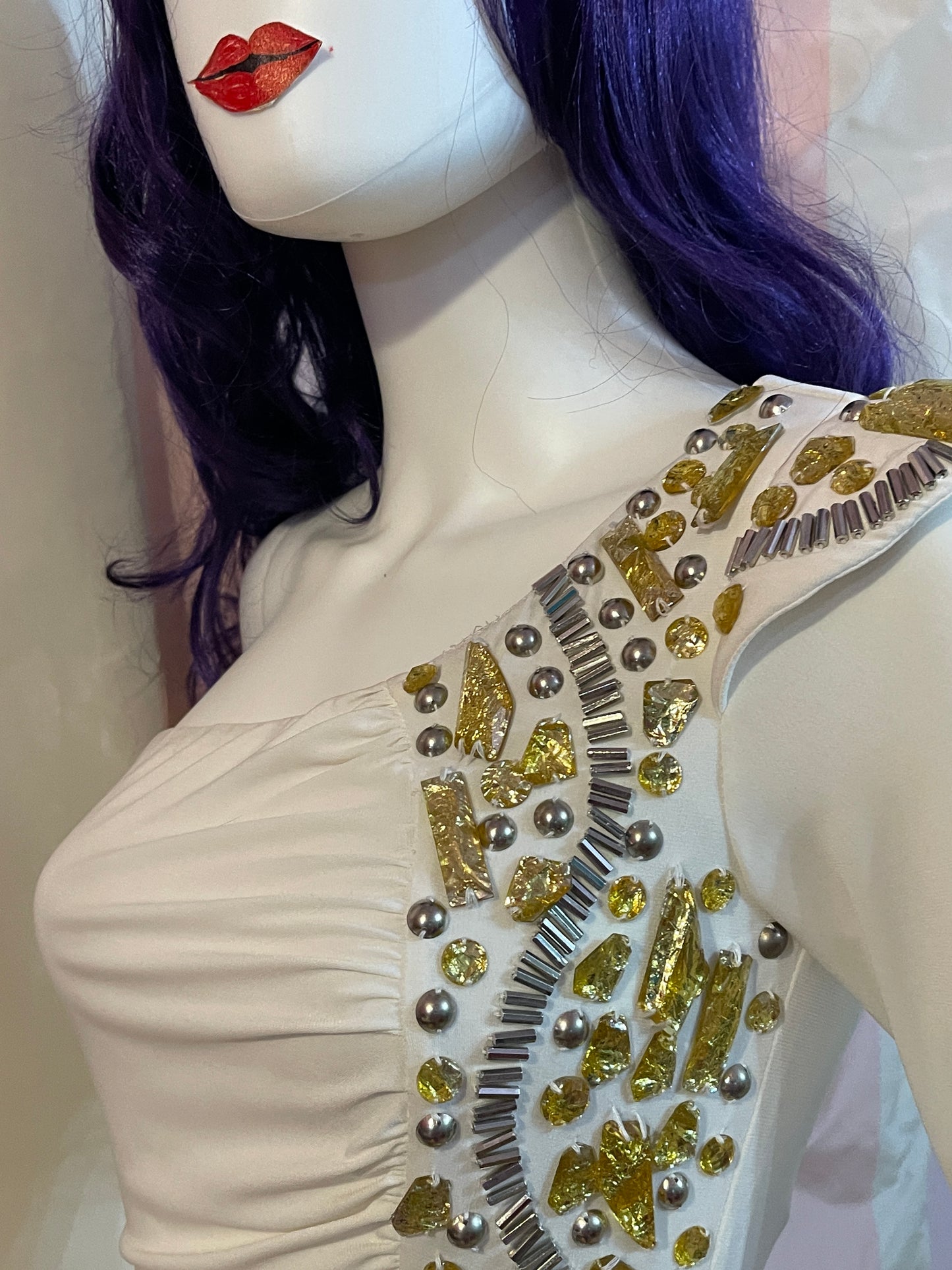 White Gold Sequin One Shoulder Stretch Dress