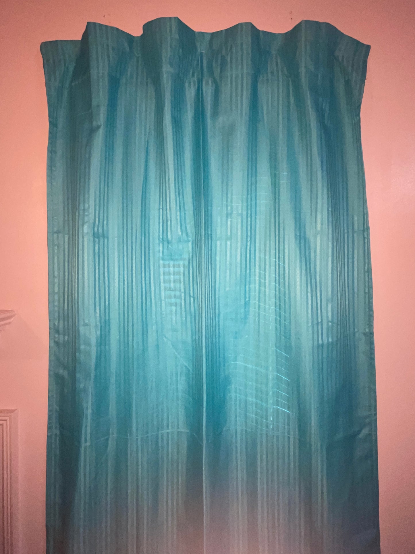 CURTAIN RENTAL TURQUOISE BLUE STRIPED SATIN SILK LINED CURTAIN PANELS fancy French Victorian