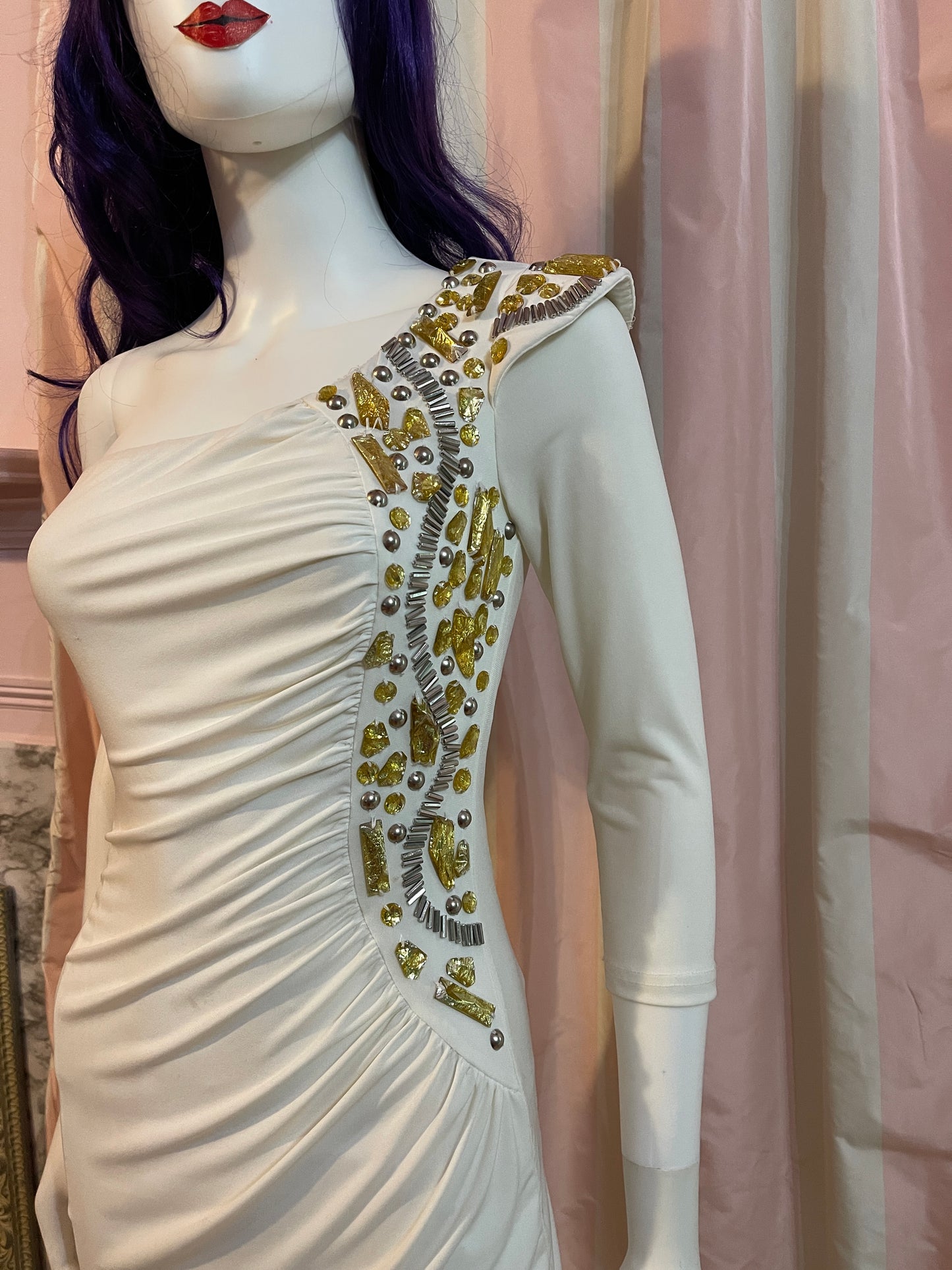 White Gold Sequin One Shoulder Stretch Dress