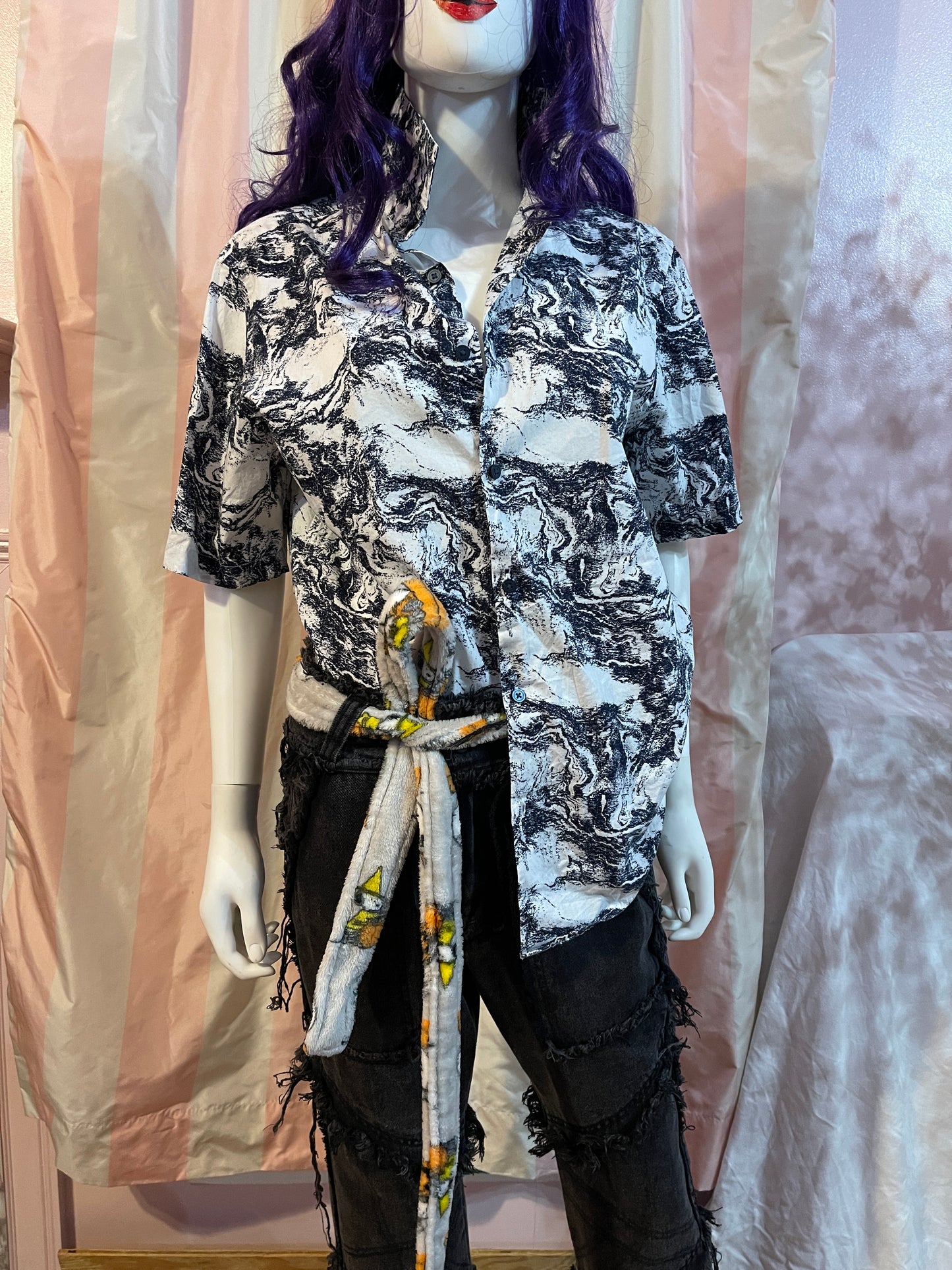 White Abstract short sleeve button shirt