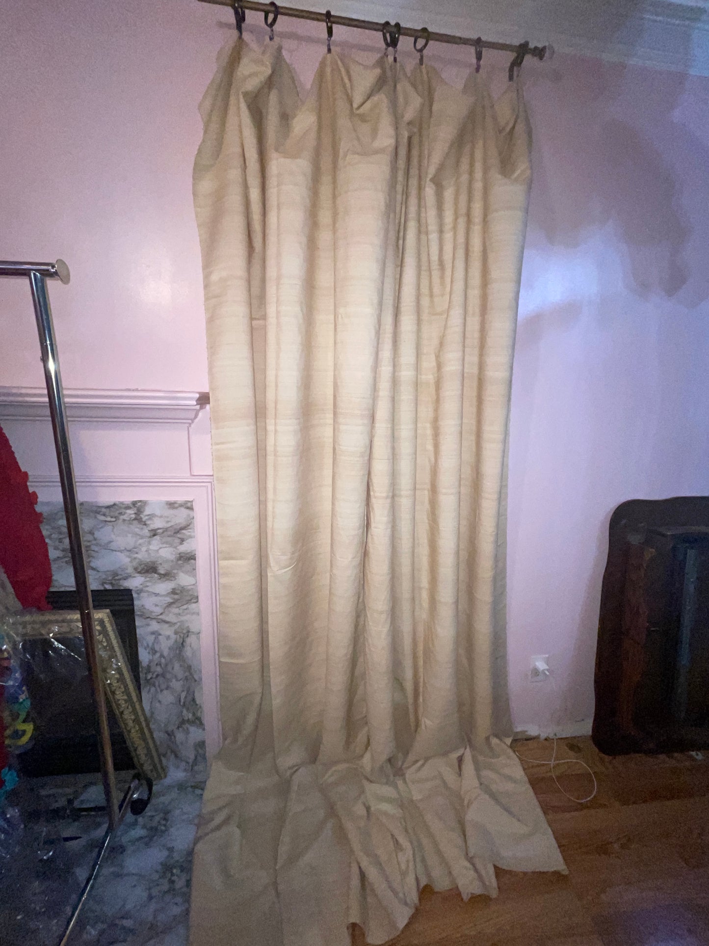 CURTAIN RENTAL TAN BEIGE RAW SILK STRIA STRIPE FABRIC pan PANELS NATURAL ORGANIC