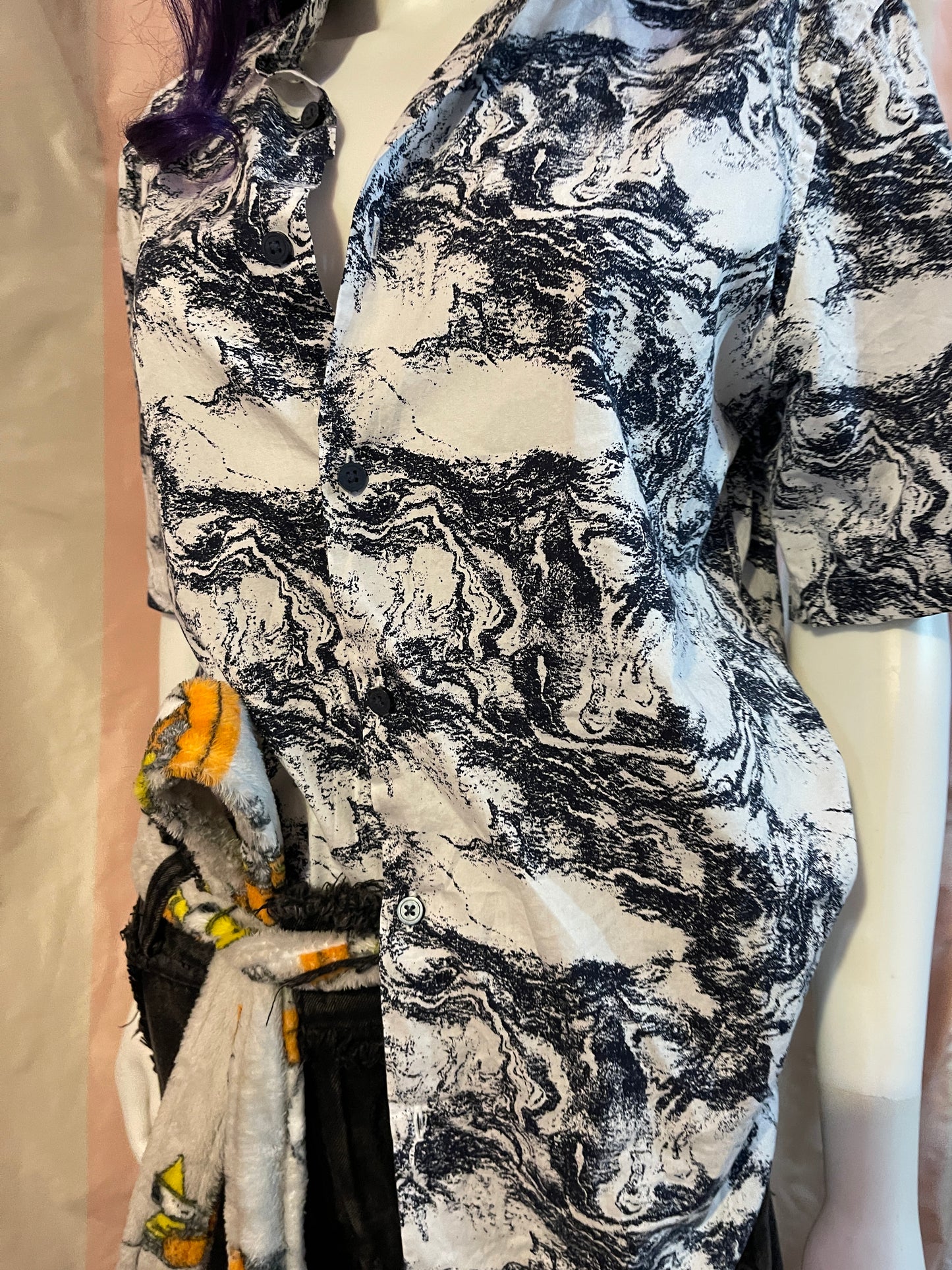 White Abstract short sleeve button shirt