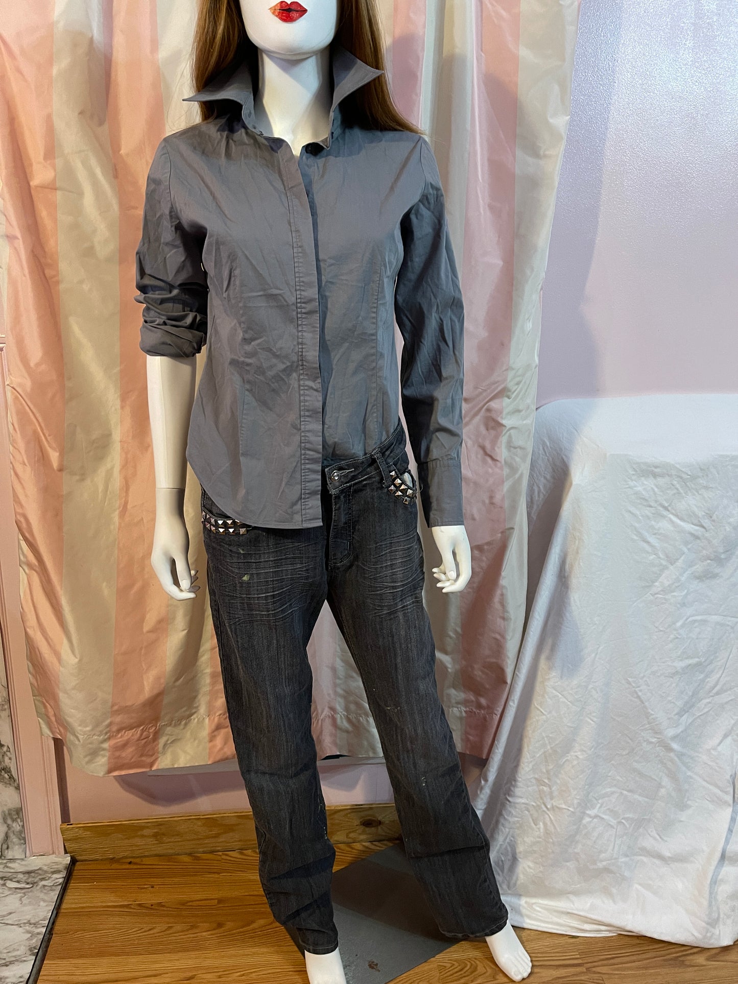Gray shirt , studded jeans
