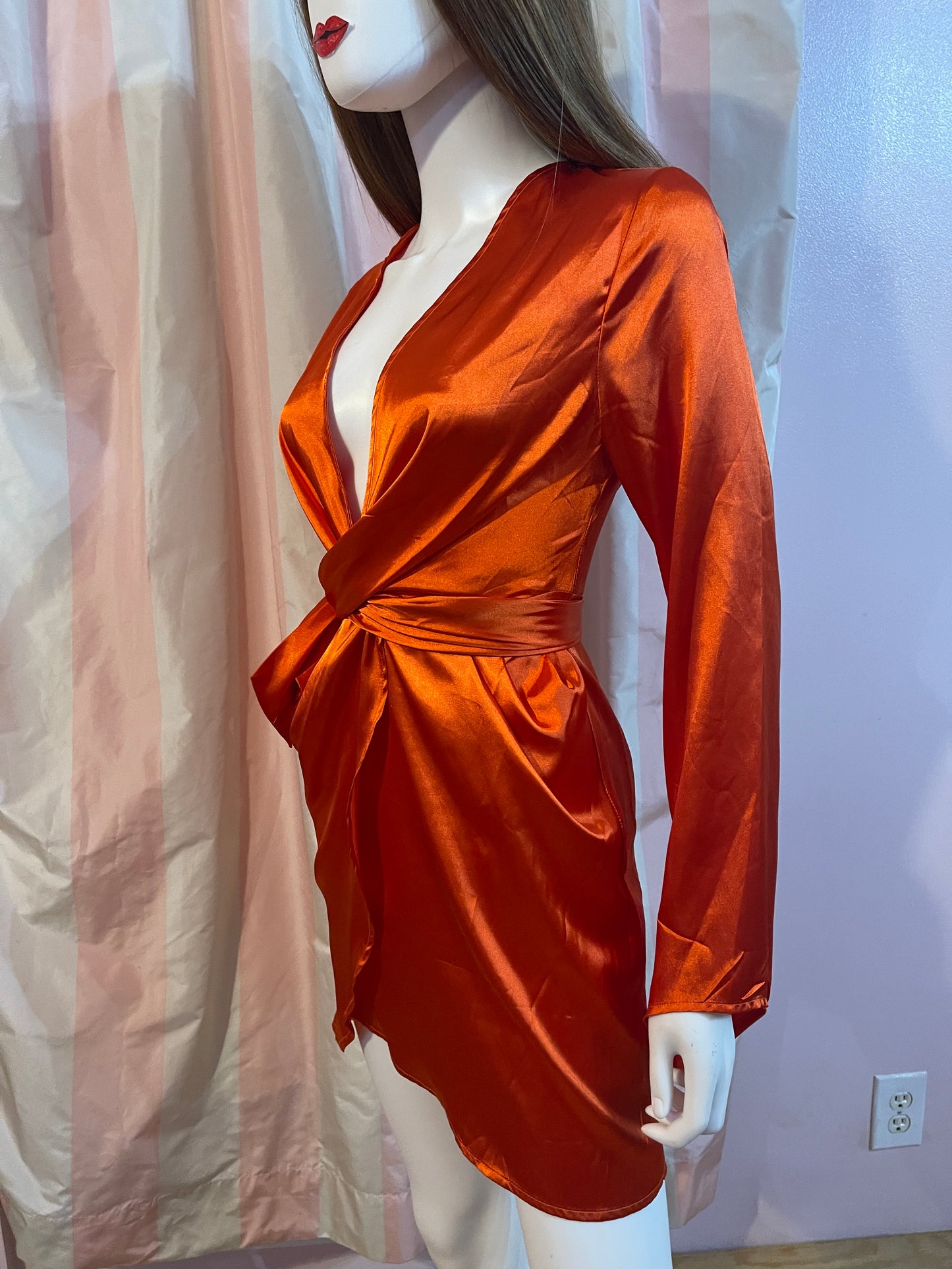 bright red orange satin wrap dress