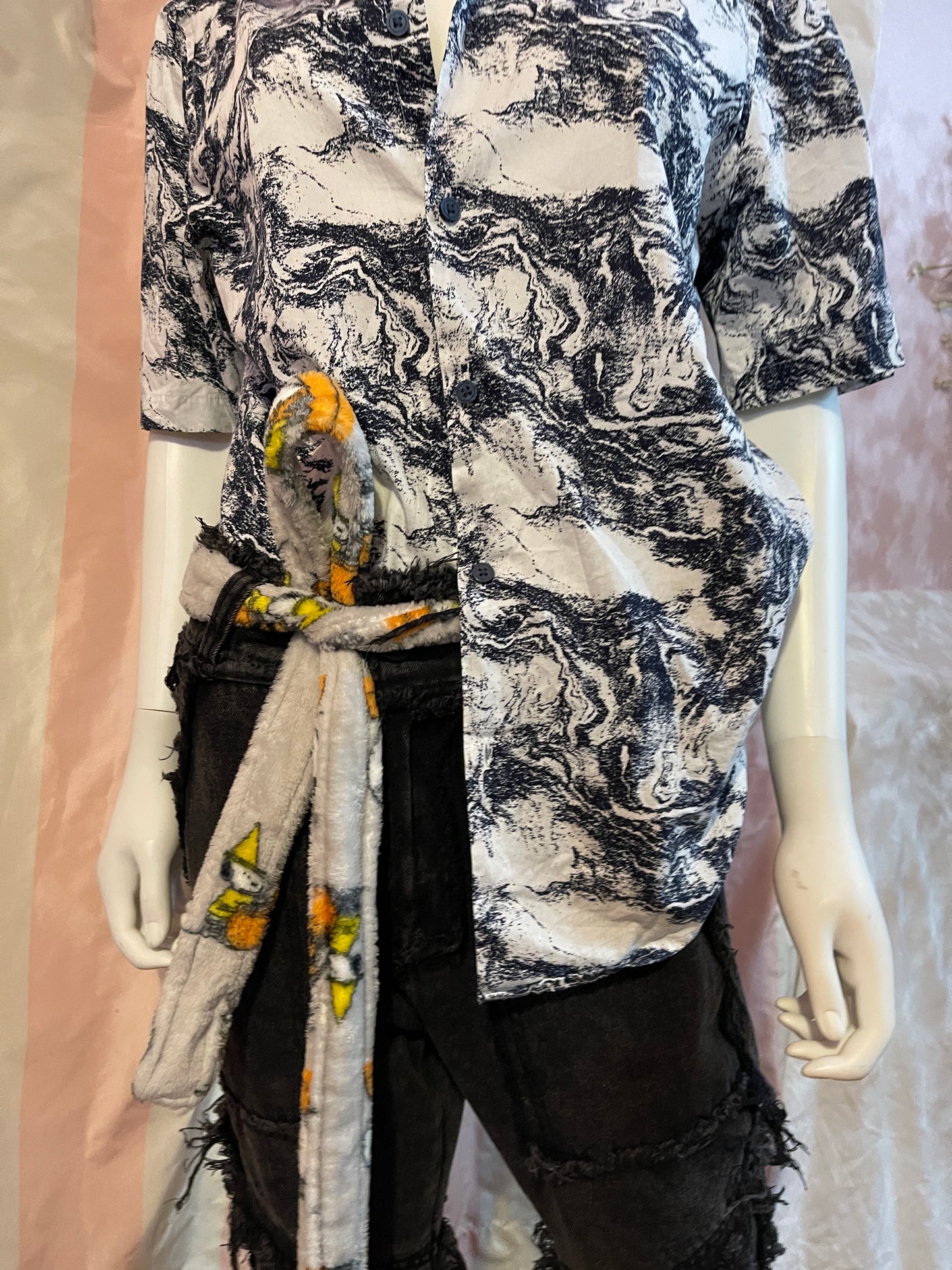White Abstract short sleeve button shirt