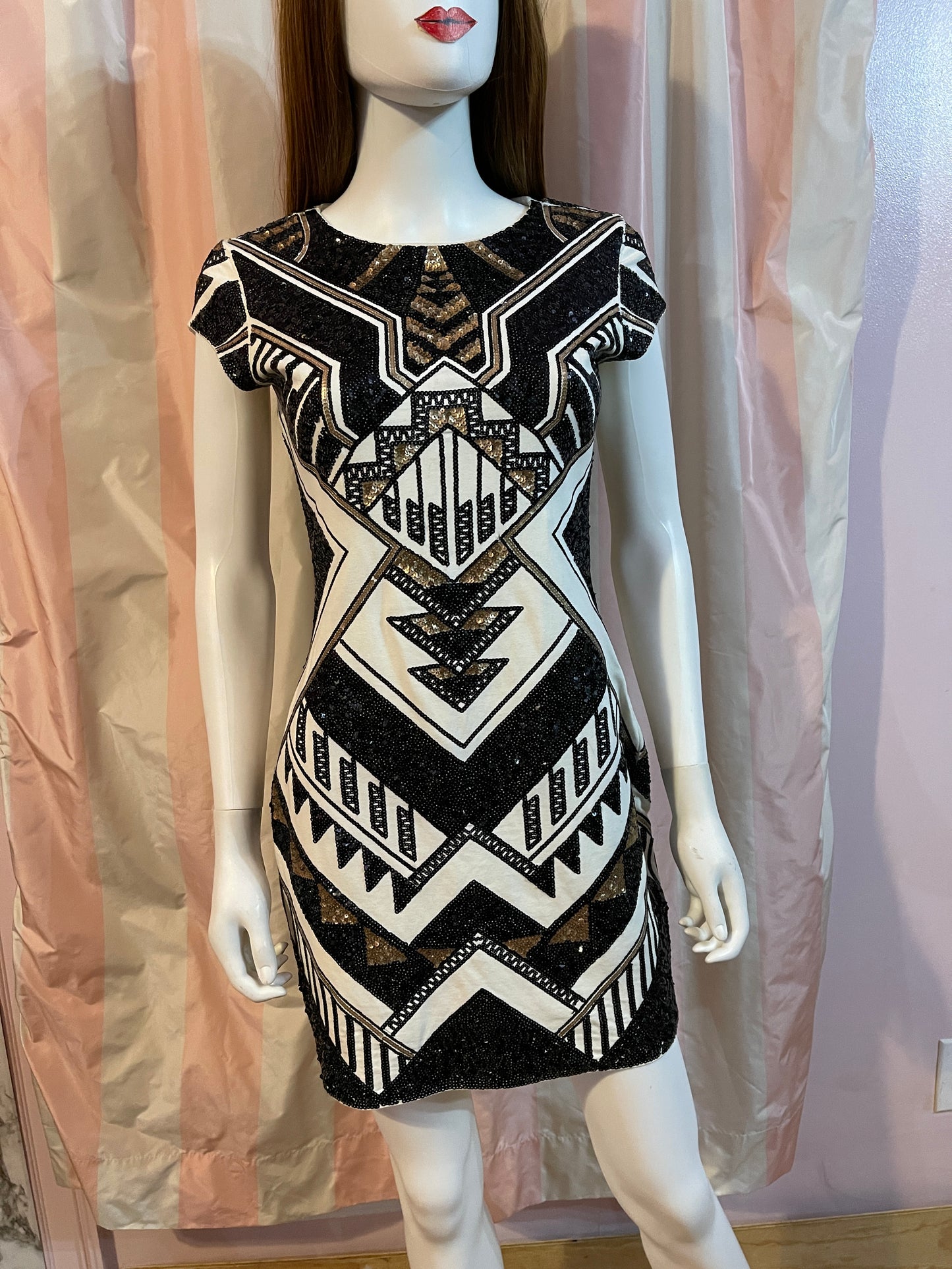 White Black Tribal Abstract Sequin Mini Dress