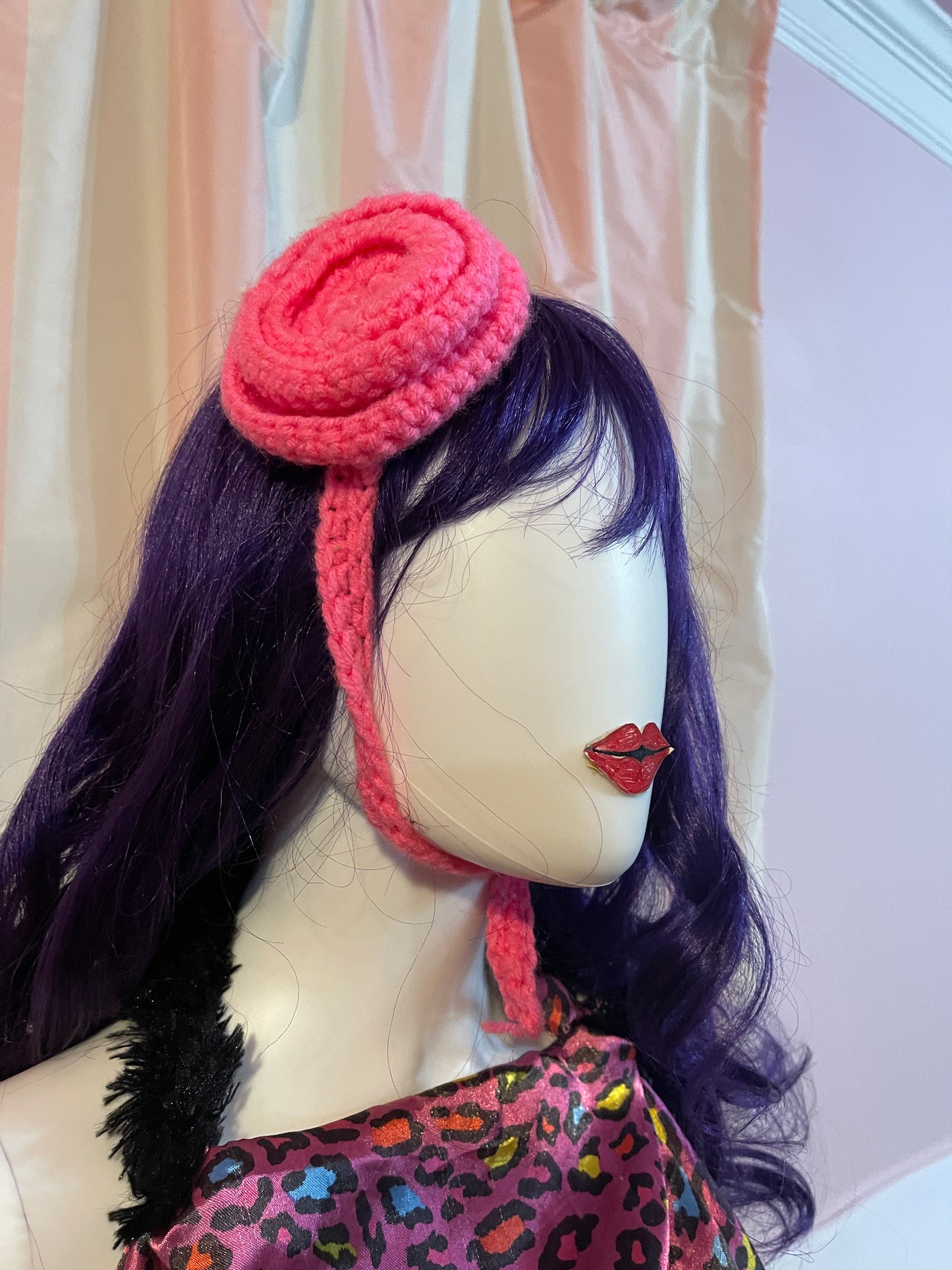 Pink Knit Flower Head Band Hat Headdress