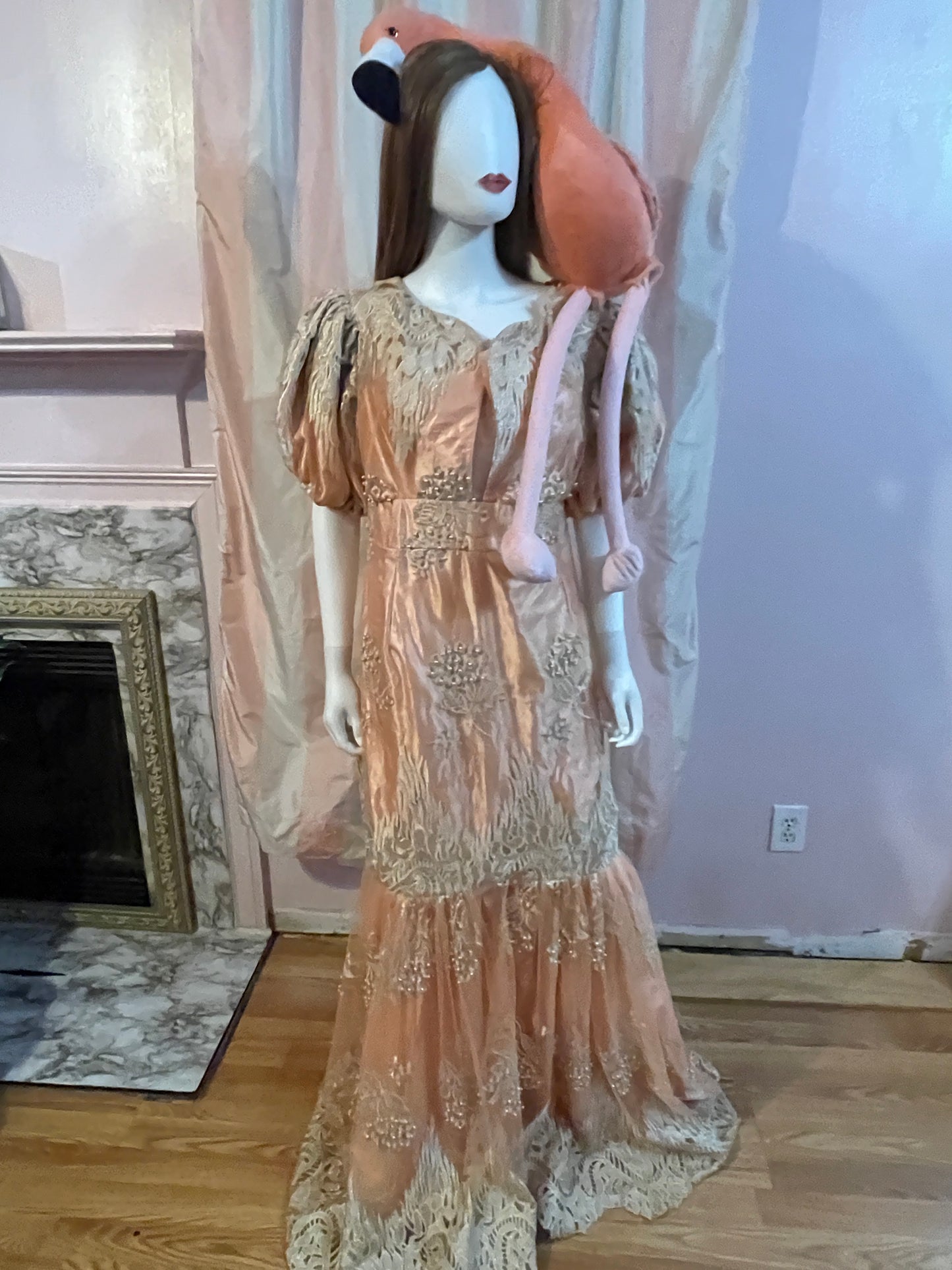 Vintage Pink Peach Satin Lace Dress Gown