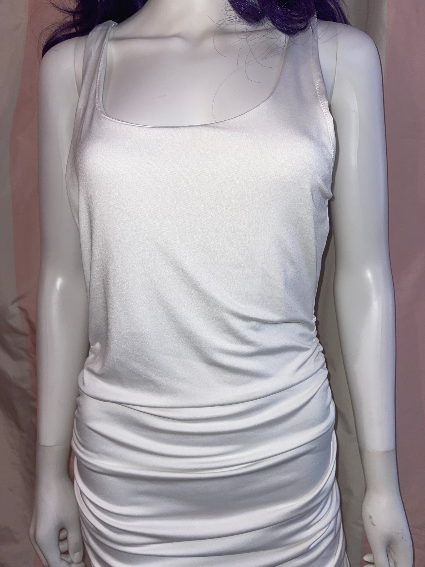 White Halter Plunge Ruche Stretch Dress