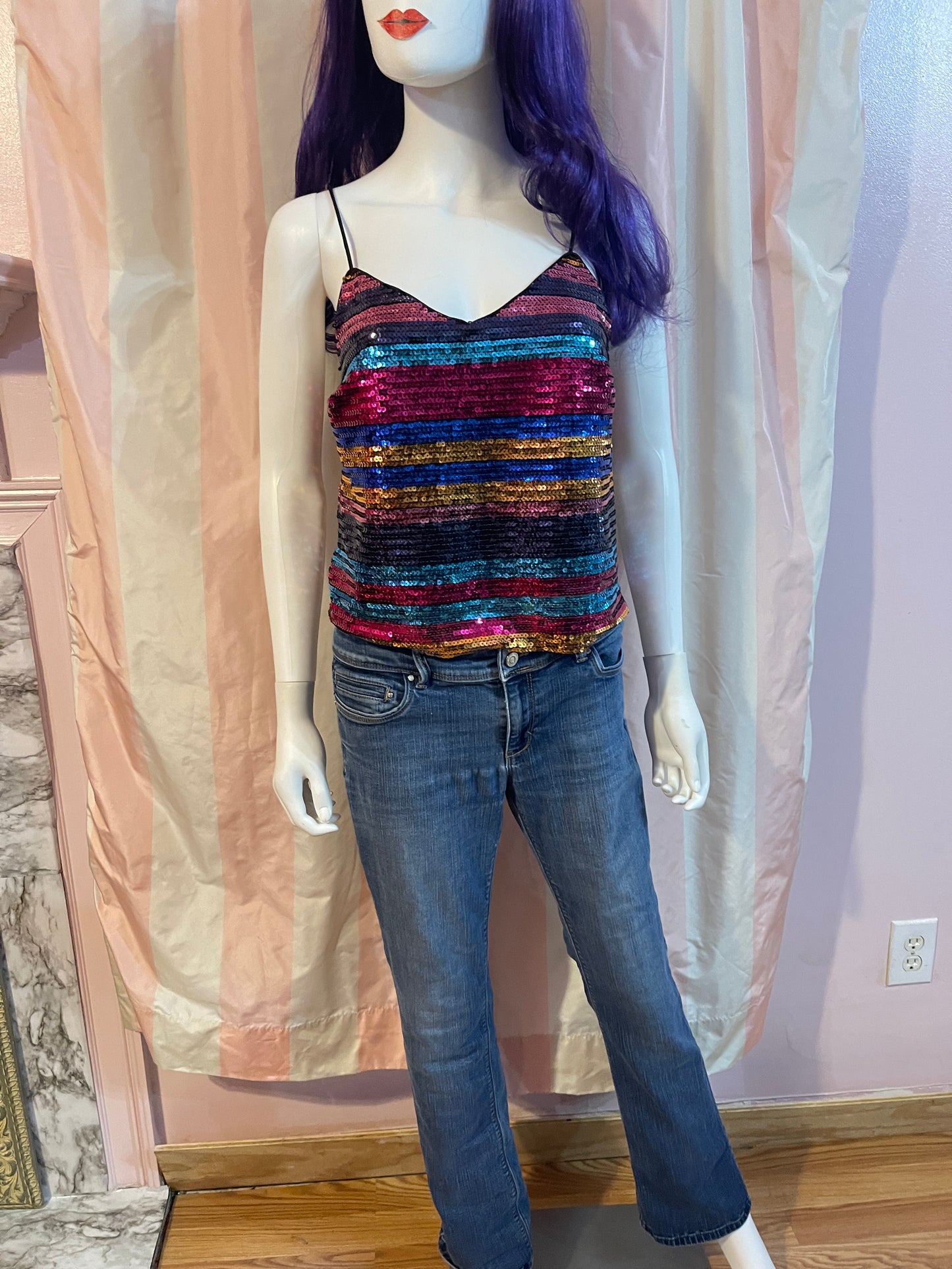 Rainbow Disco Sequin Top & Distressed Denim Jeans