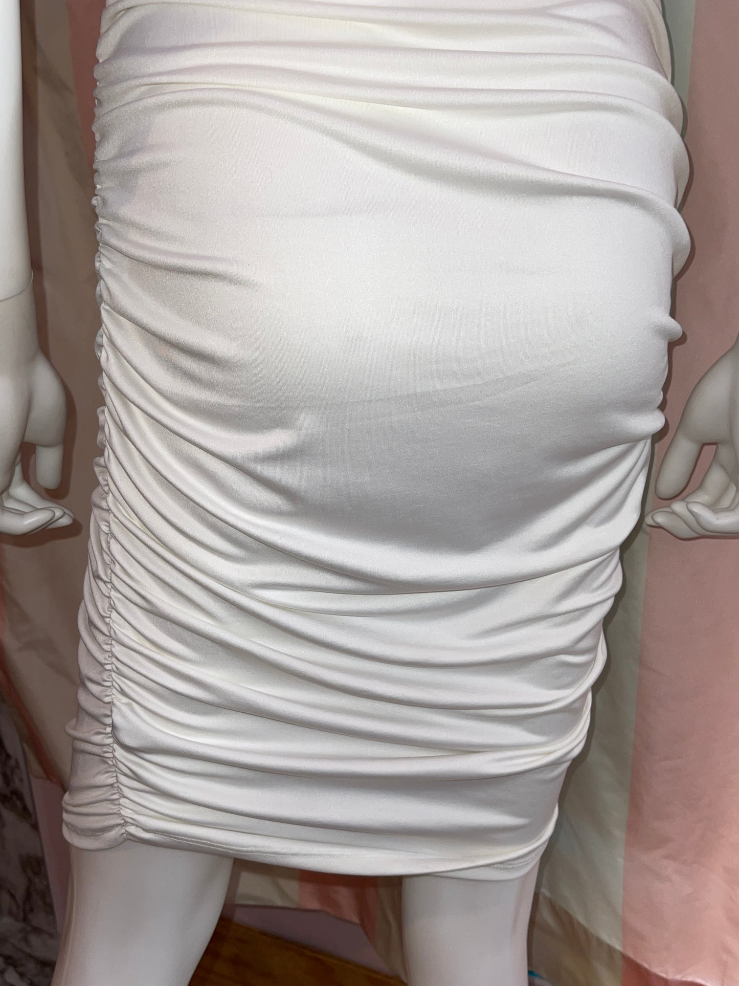 White Halter Plunge Ruche Stretch Dress