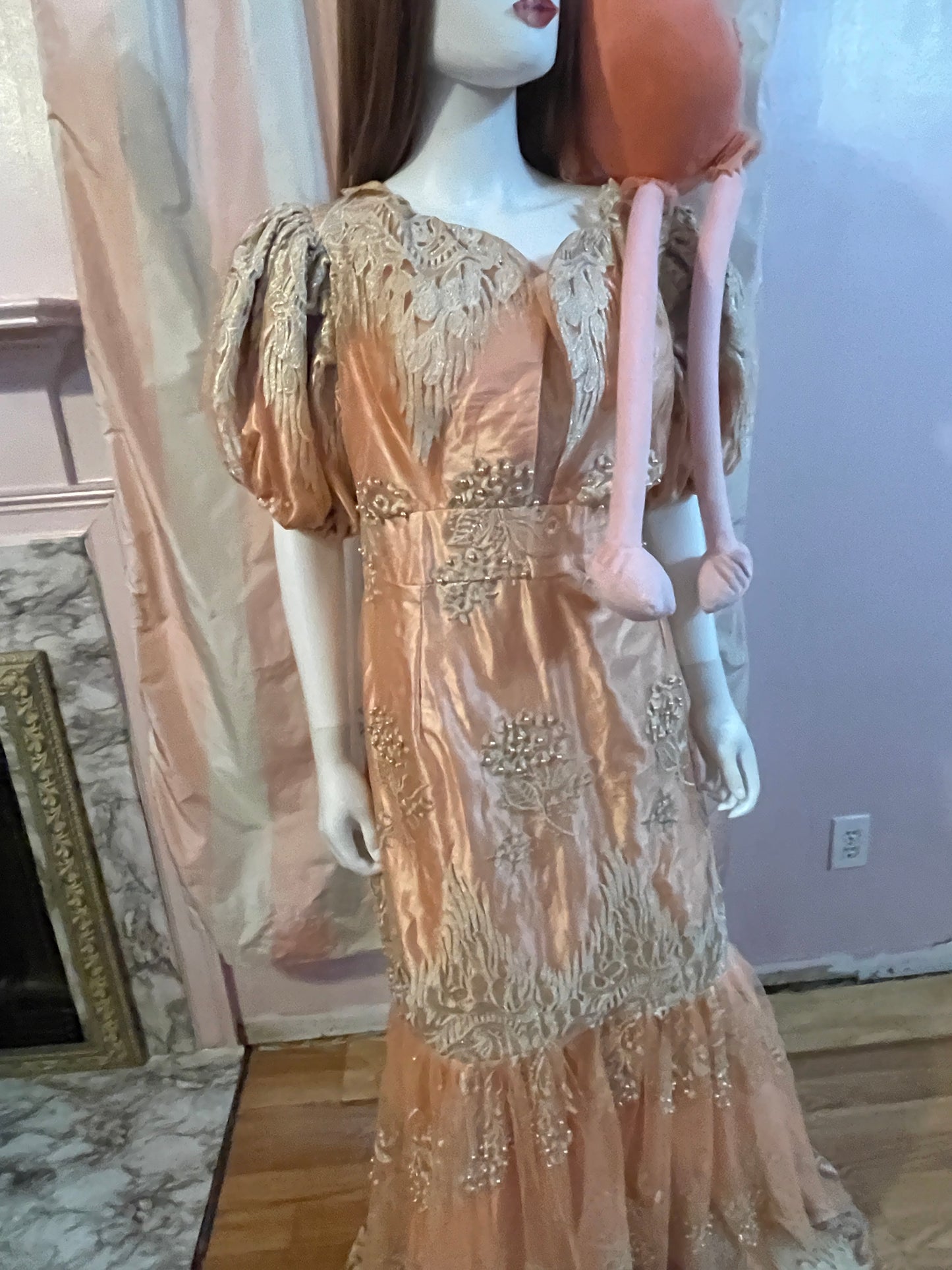 Vintage Pink Peach Satin Lace Dress Gown