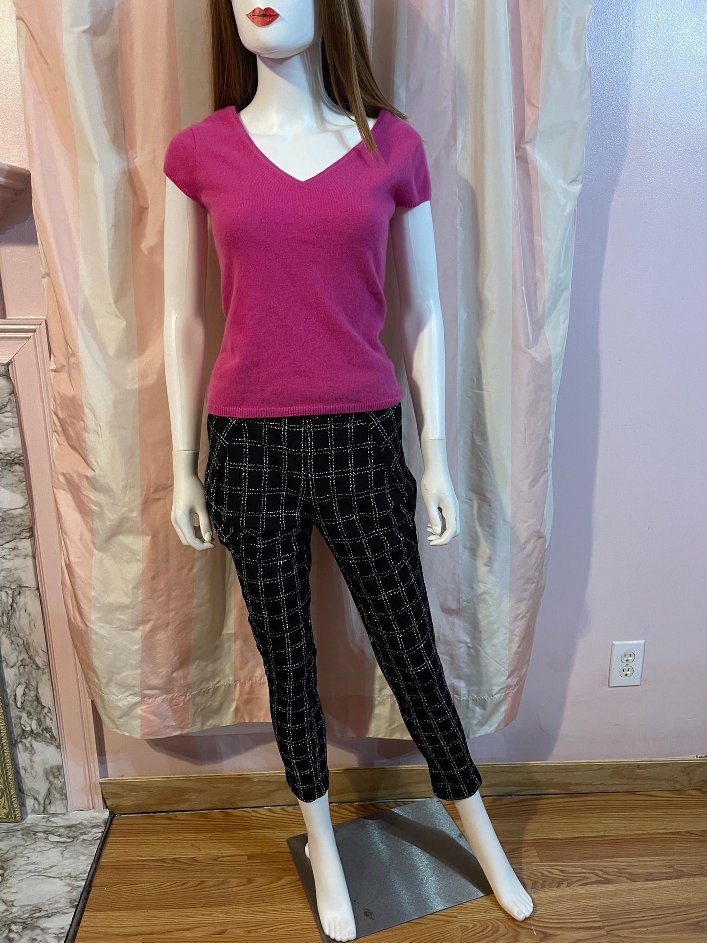 Hot Pink Fuschia Cashmere 100% Sweater & Black Pants