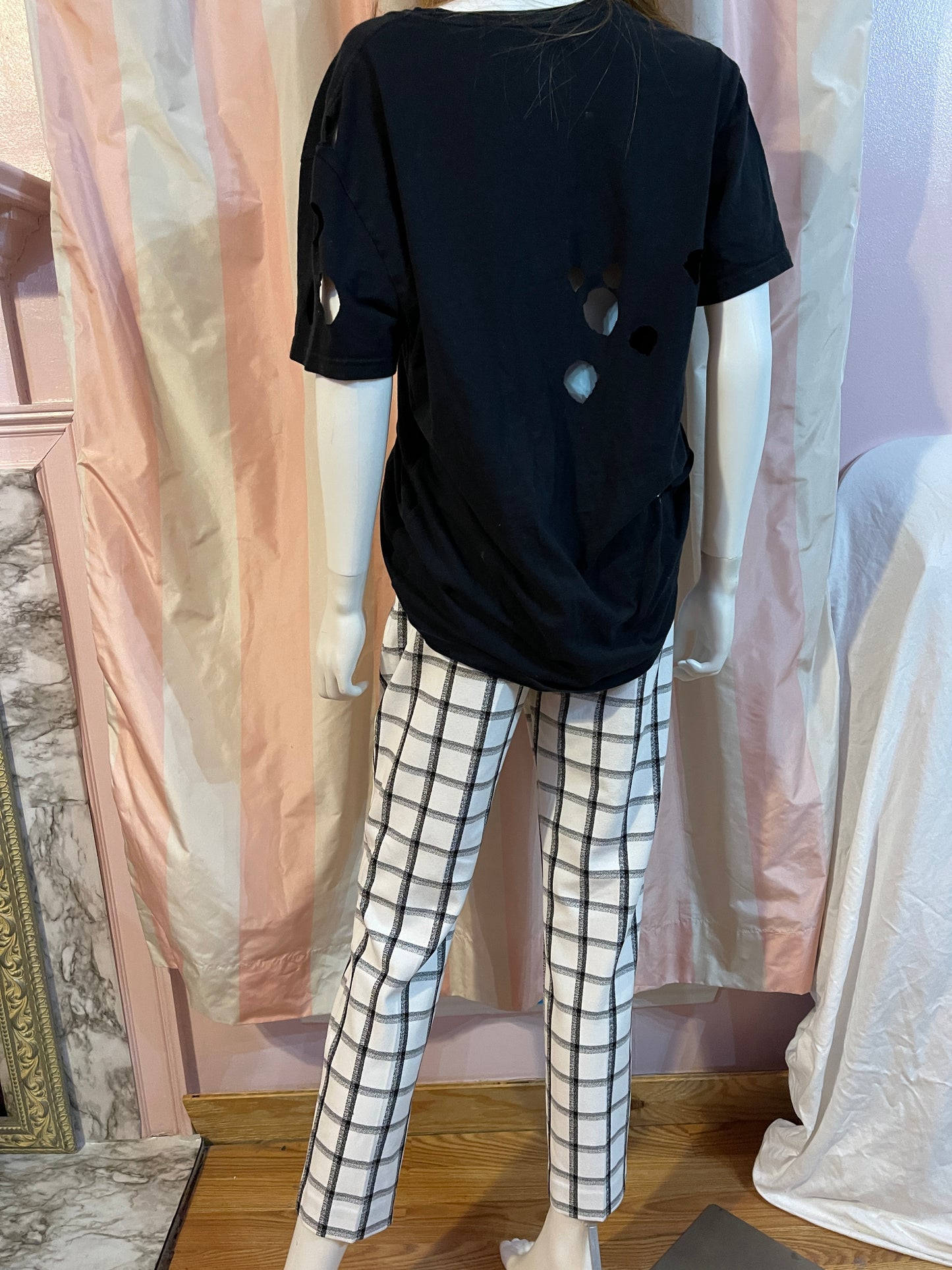 Black Cut Out Large Tee Shirt with White Plaid Trousers