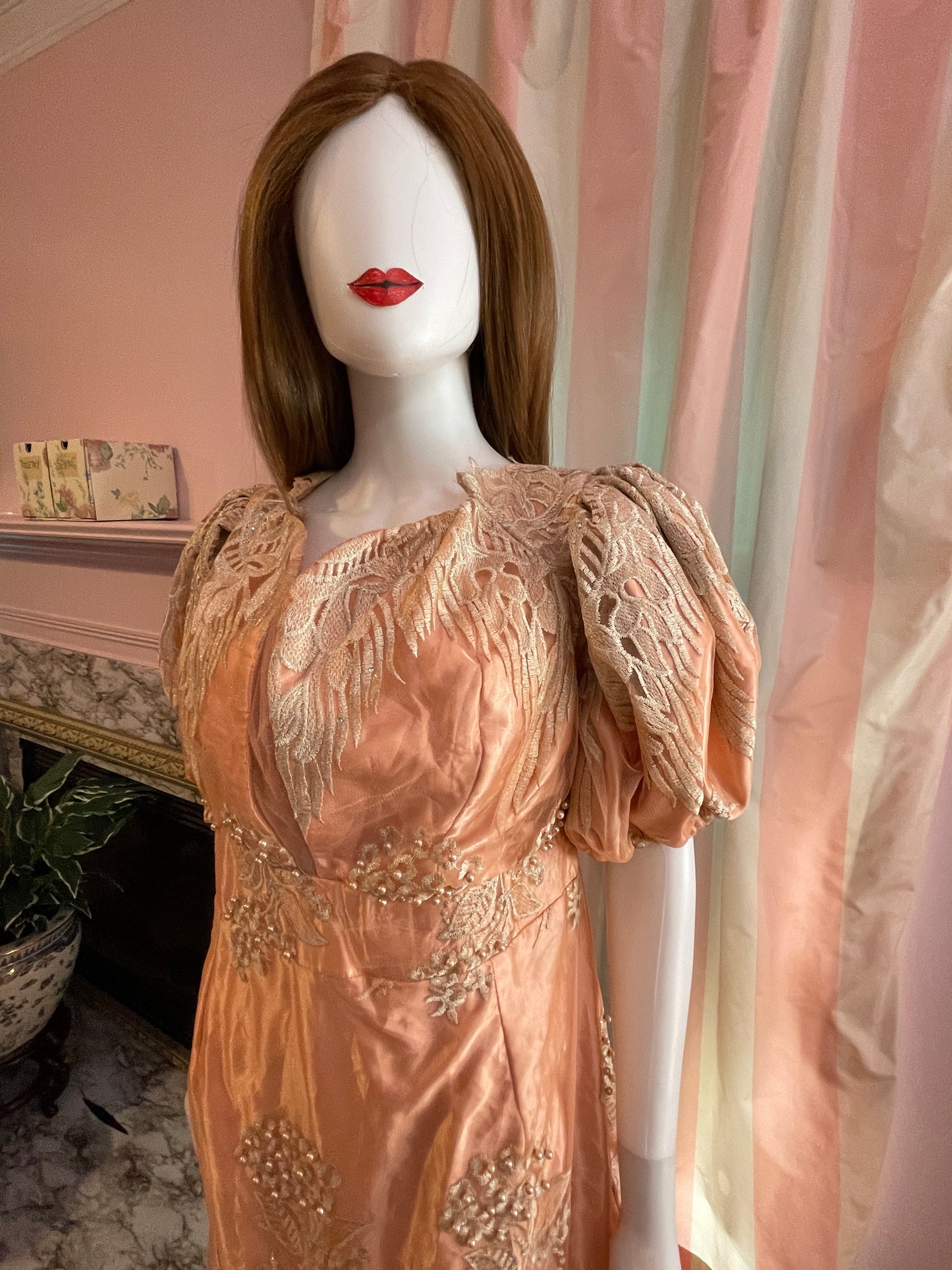 Vintage Pink Peach Satin Lace Dress Gown