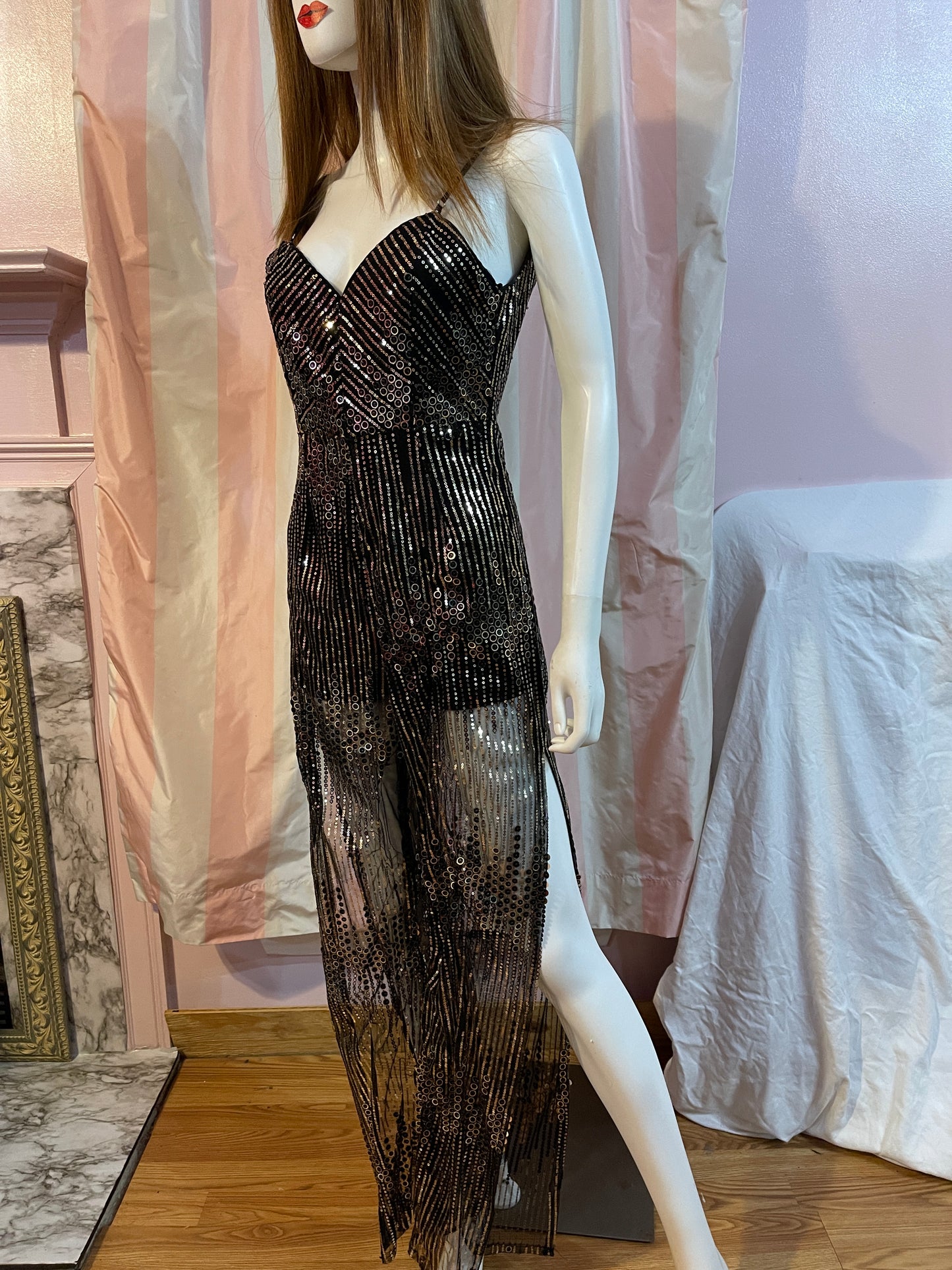 Vintage Gold Lane Black Sequin Sheer pantsuit
