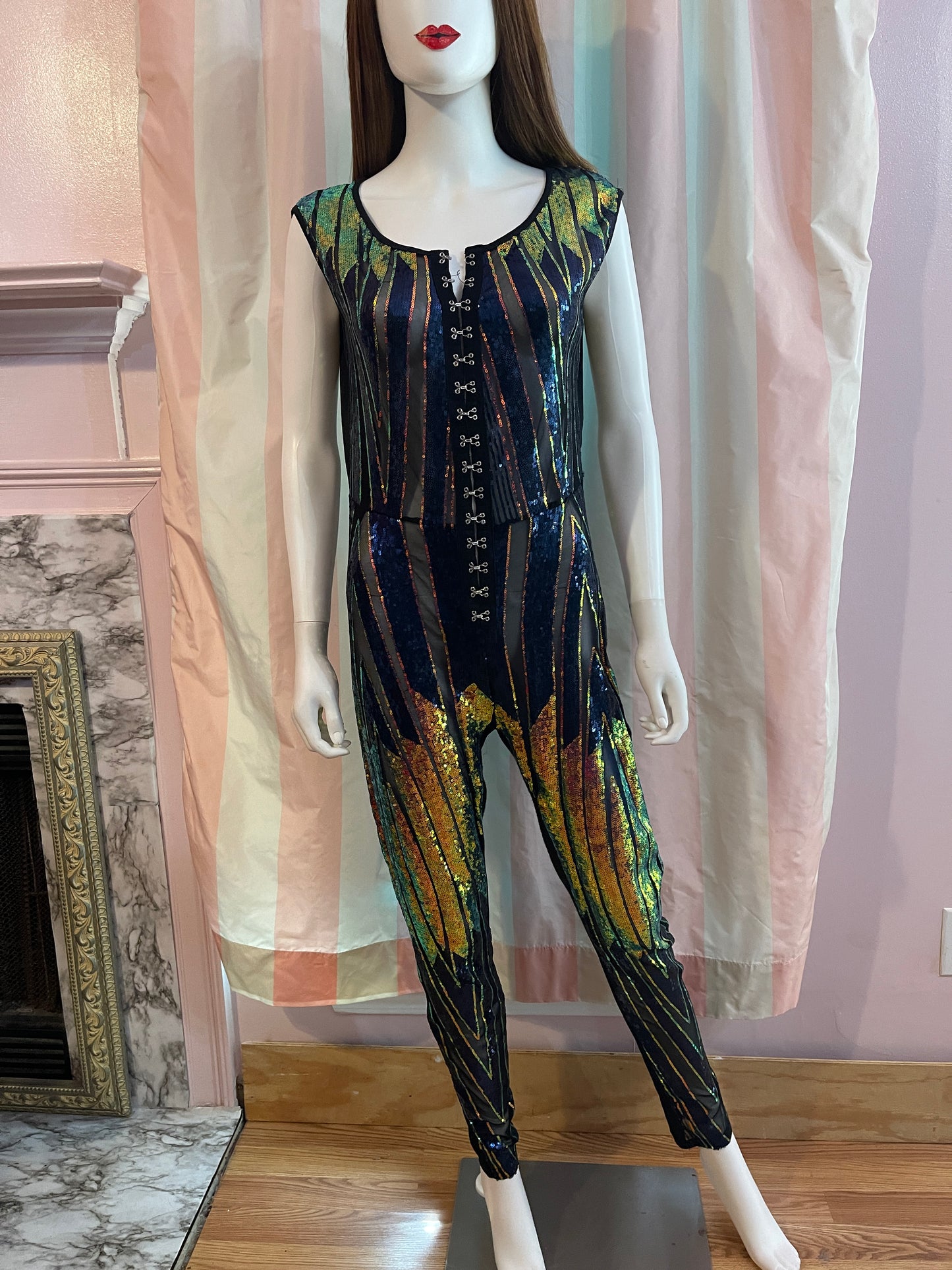 Vintage Black Blue Gold Sequin Jumpsuit
