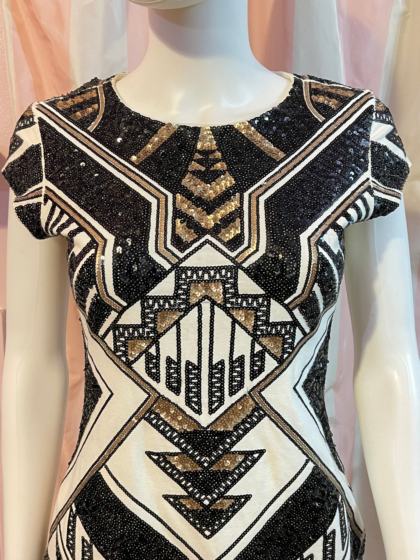White Black Tribal Abstract Sequin Mini Dress