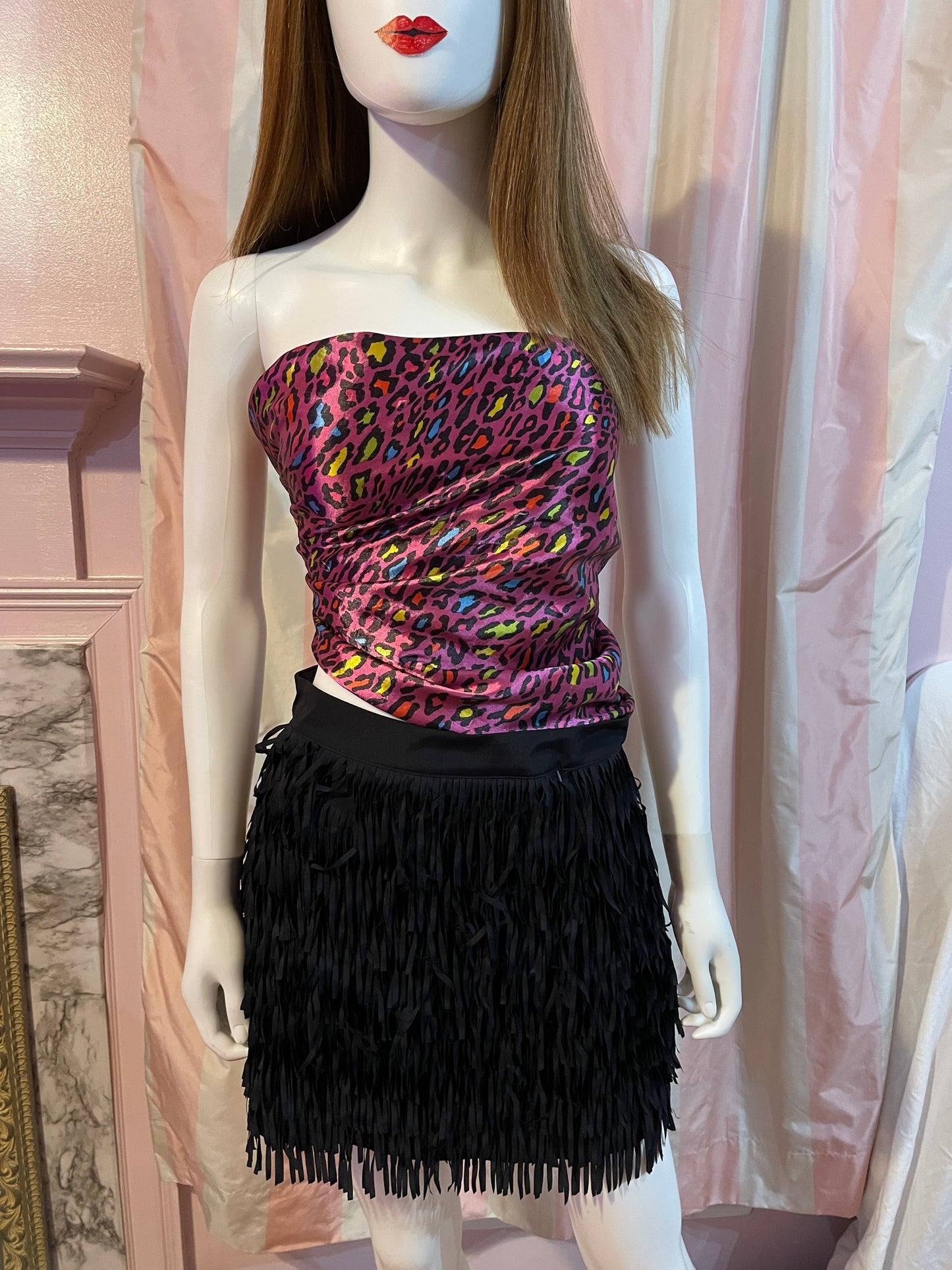 Hot Pink Cheetah Silk Scarf Top and Black Fringe Mini Skirt
