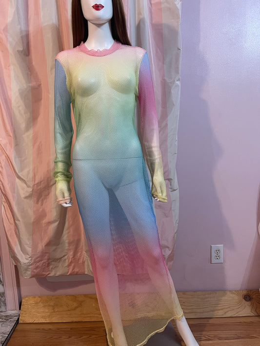 Beach Wedding Rainbow Neon Sheer Mesh Fishnet Bodycon Stretch Dress
