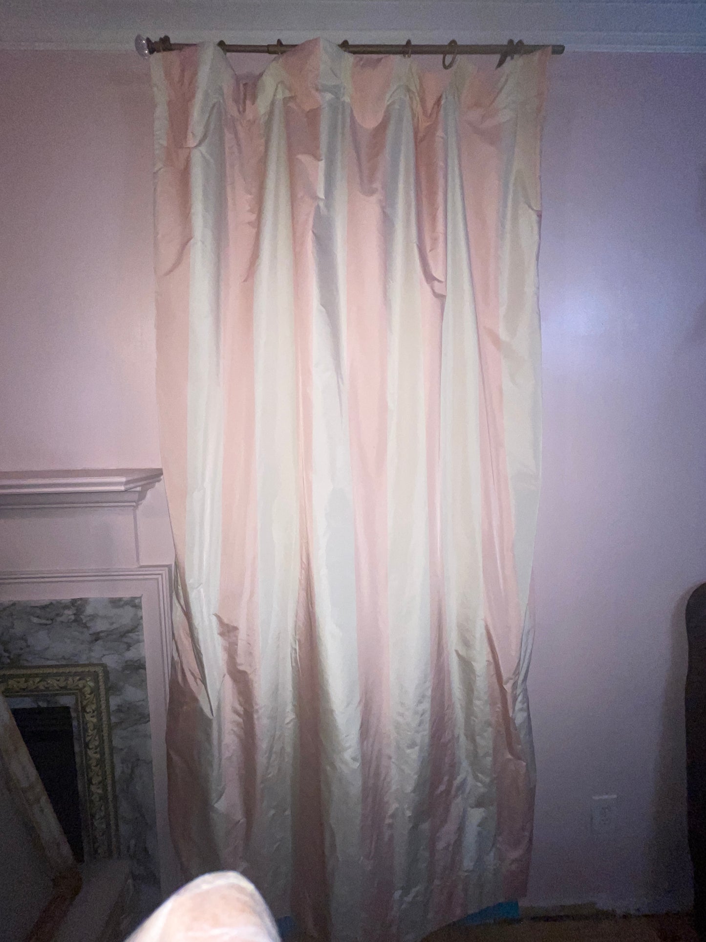 CURTAIN RENTAL PINK WHITE STRIPED SATIN SILK LINED CURTAIN PANELS