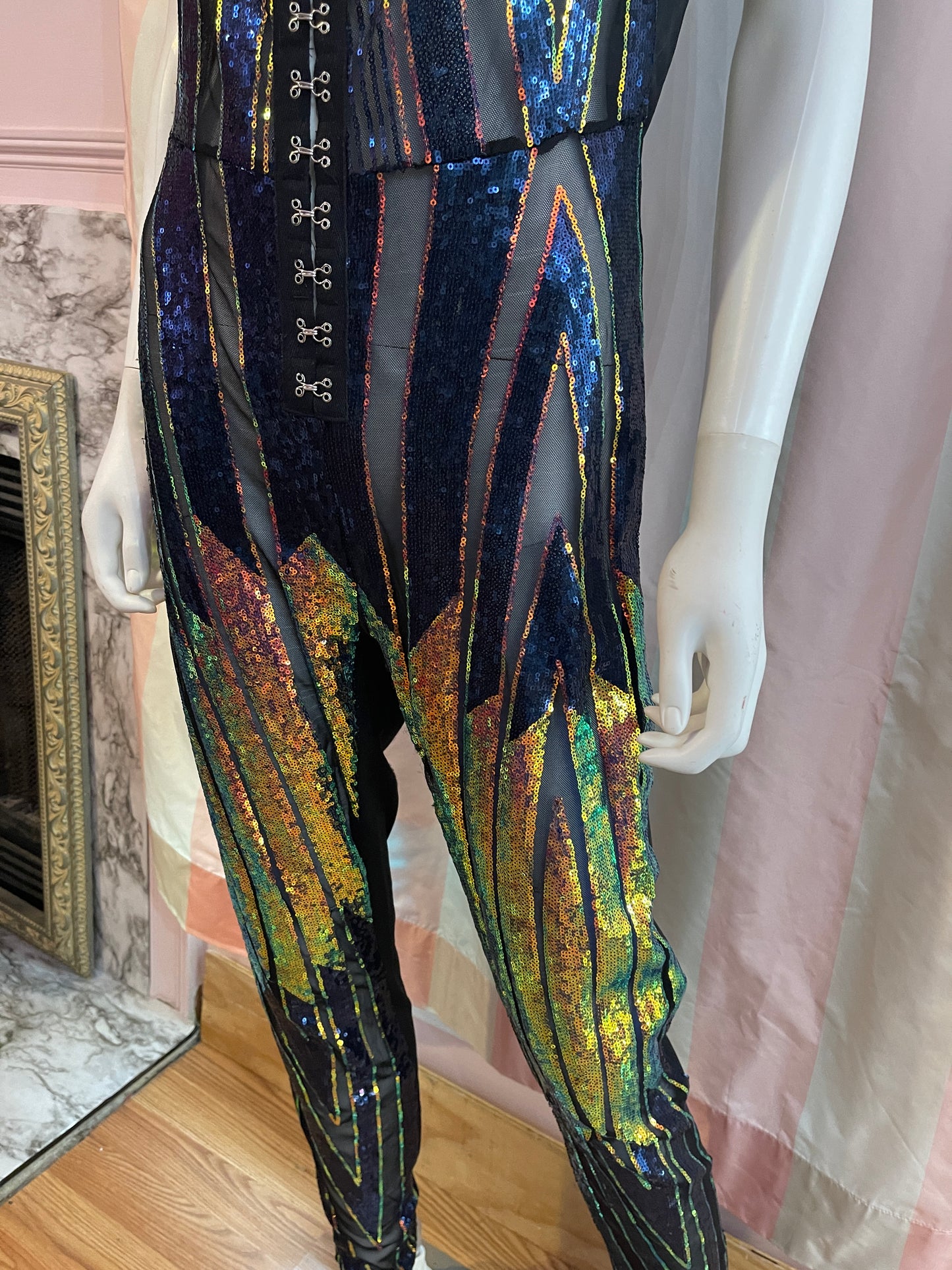 Vintage Black Blue Gold Sequin Jumpsuit