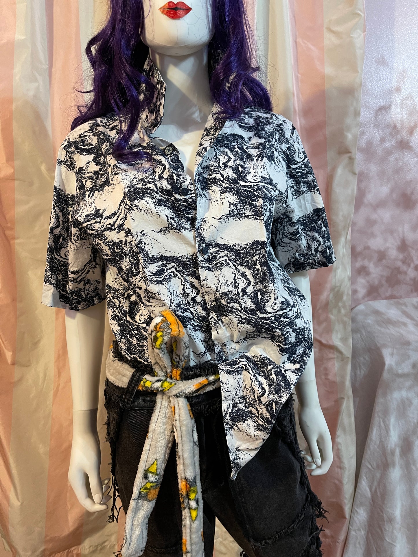White Abstract short sleeve button shirt