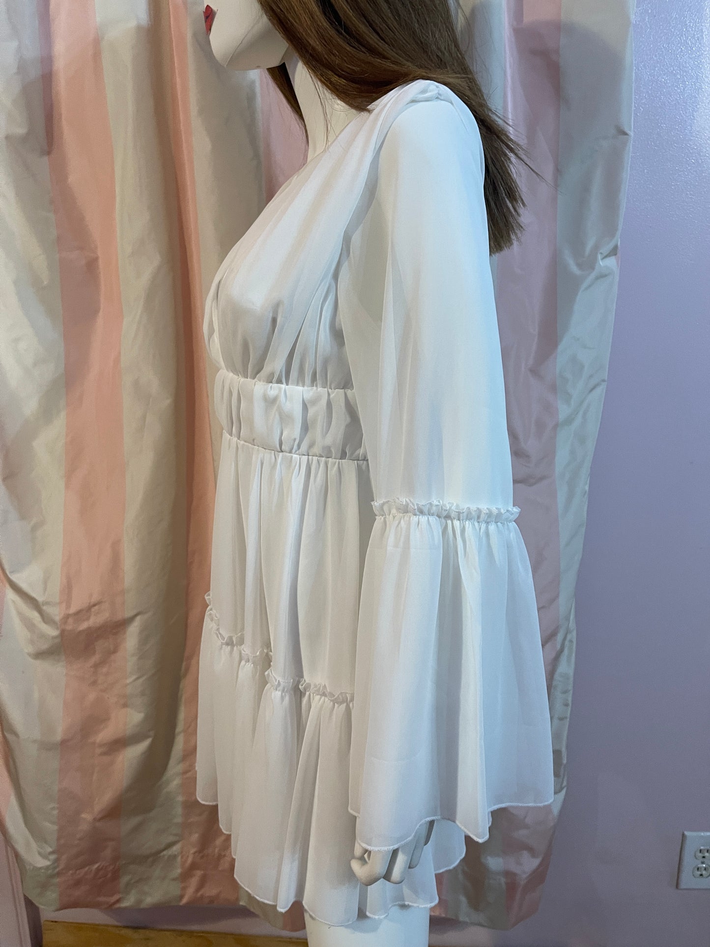 White Sheer Layered Plunge Wedding Empire Baby Doll Flounce Boho Dress