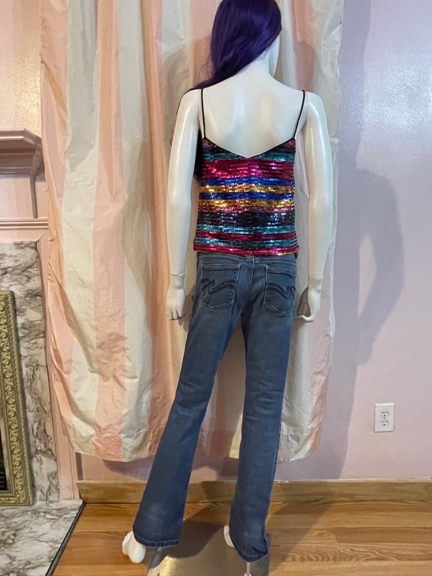 Rainbow Disco Sequin Top & Distressed Denim Jeans