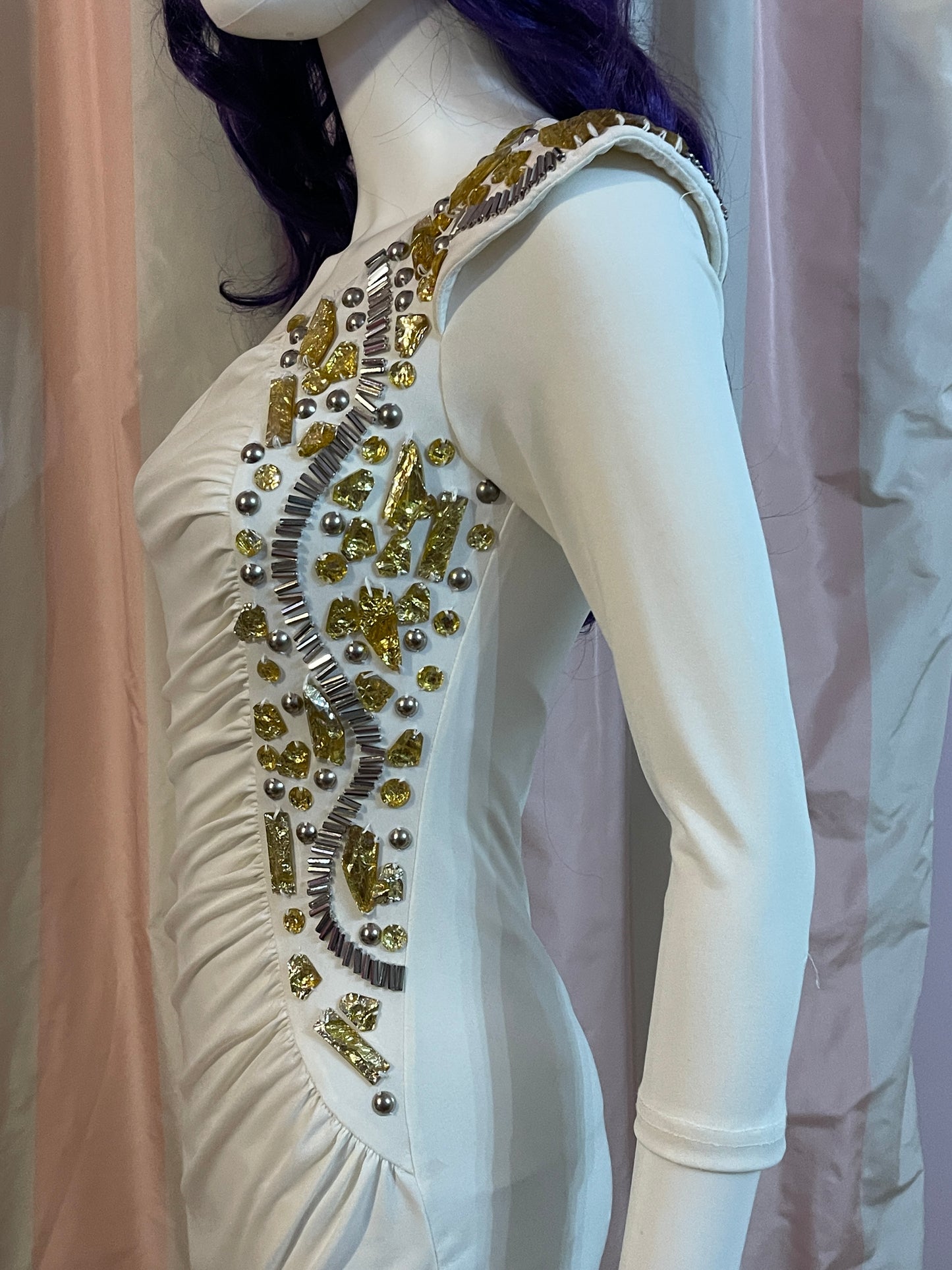 White Gold Sequin One Shoulder Stretch Dress