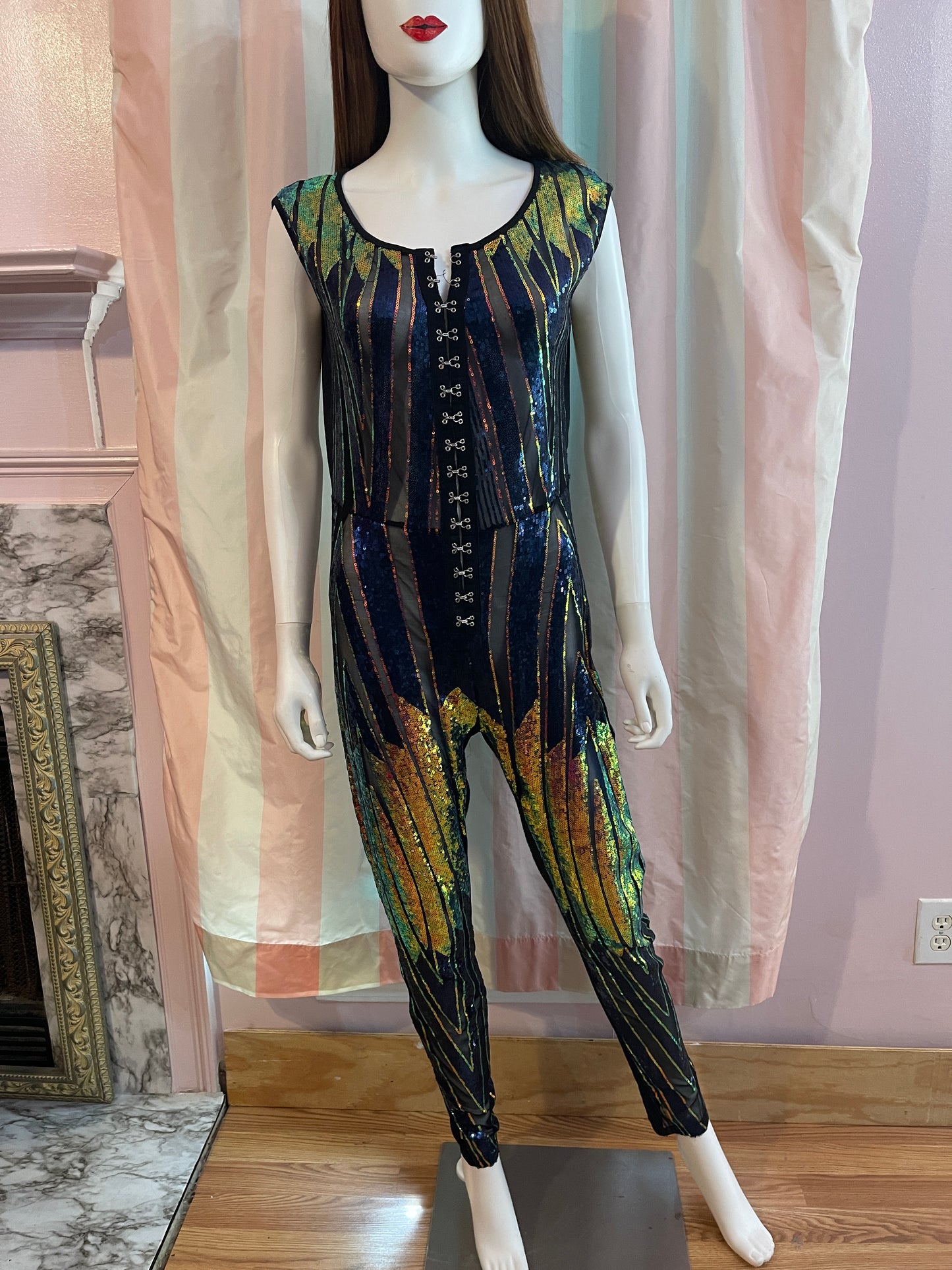 Vintage Black Blue Gold Sequin Jumpsuit