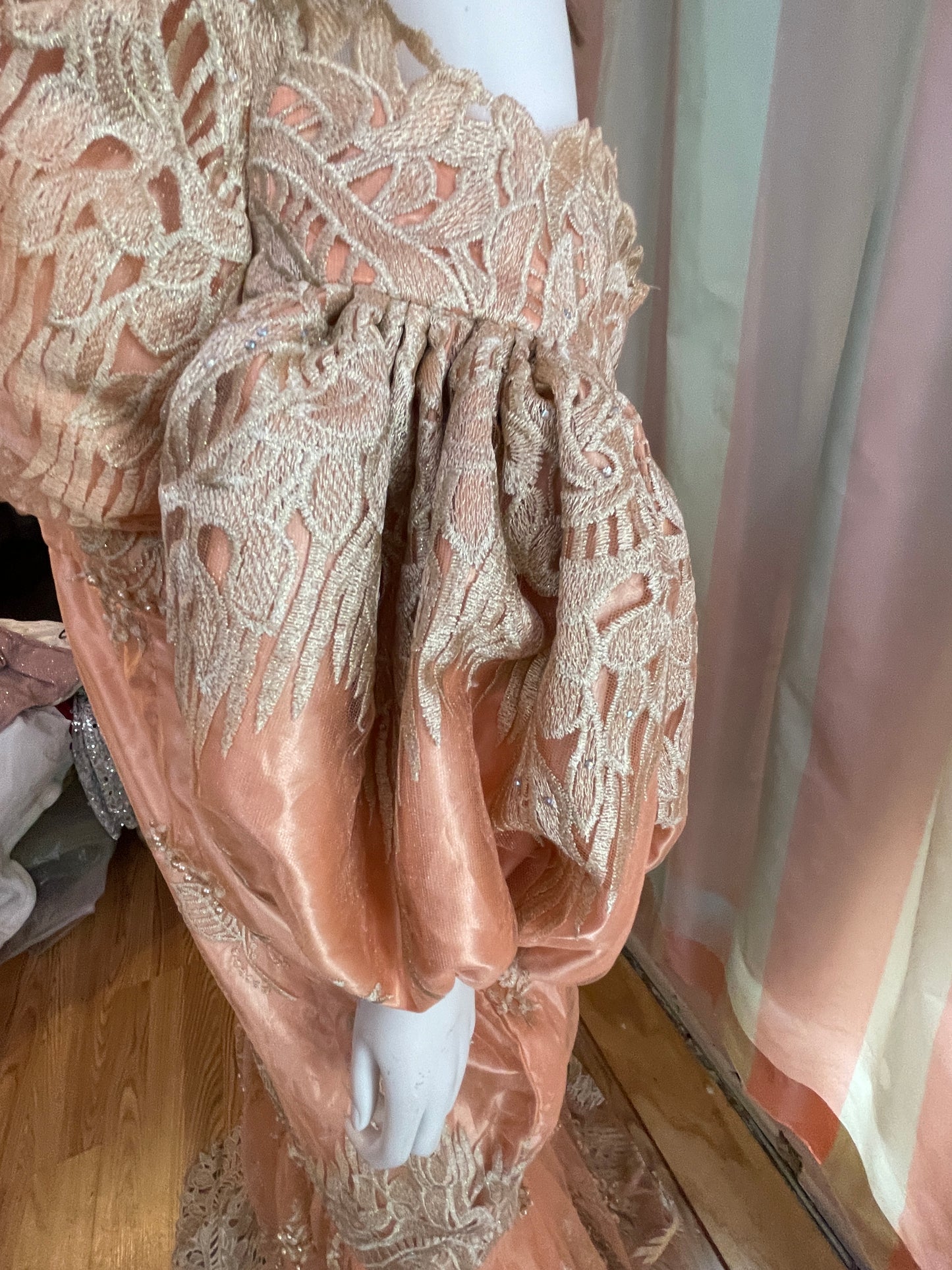 Vintage Pink Peach Satin Lace Dress Gown