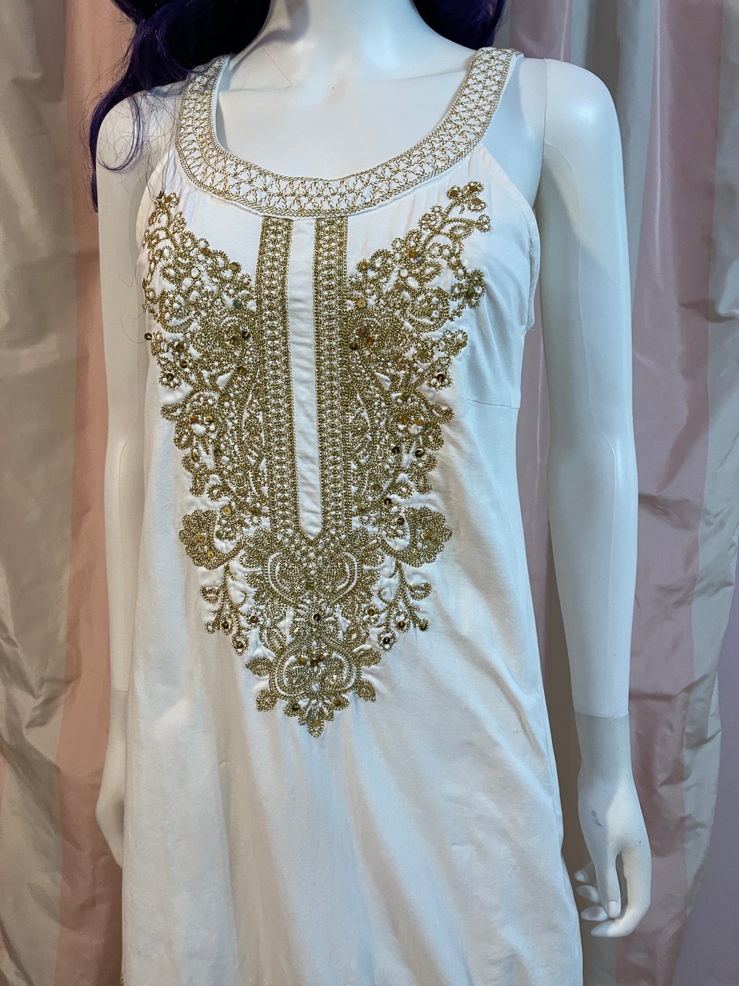 White Gold Embroidered Cotton Sheath Dress