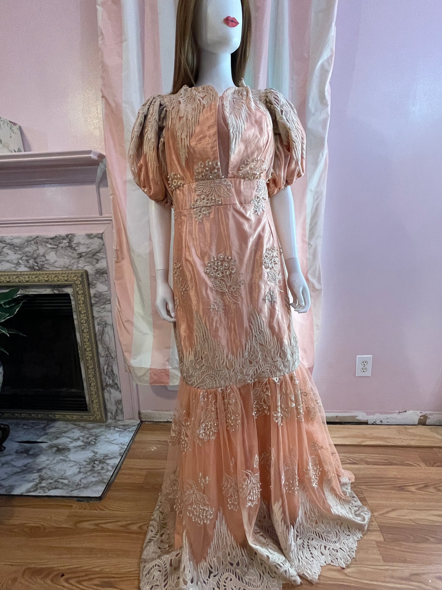 Vintage Pink Peach Satin Lace Dress Gown