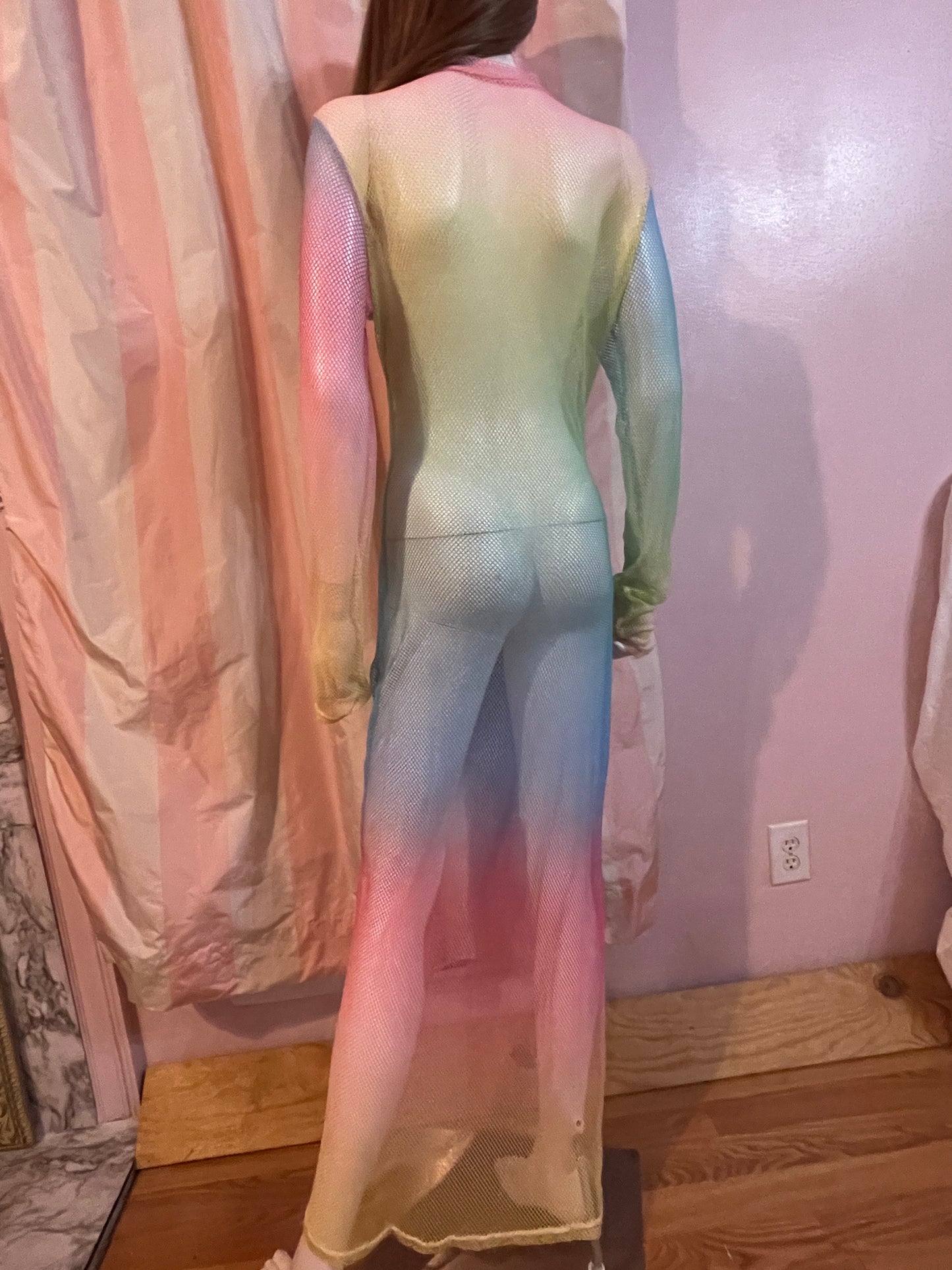 Beach Wedding Rainbow Neon Sheer Mesh Fishnet Bodycon Stretch Dress