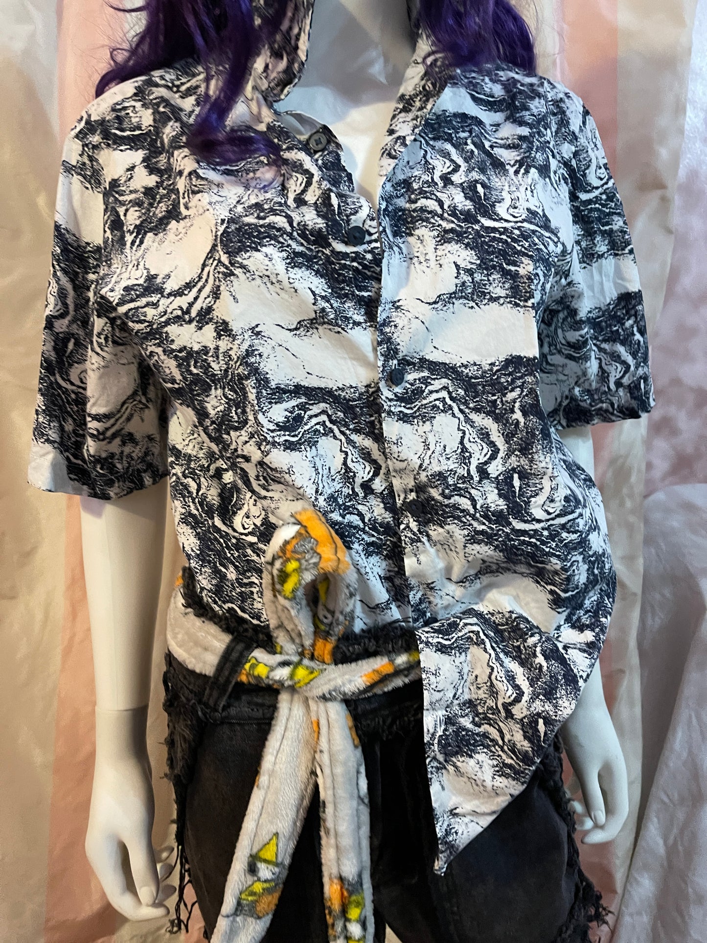 White Abstract short sleeve button shirt