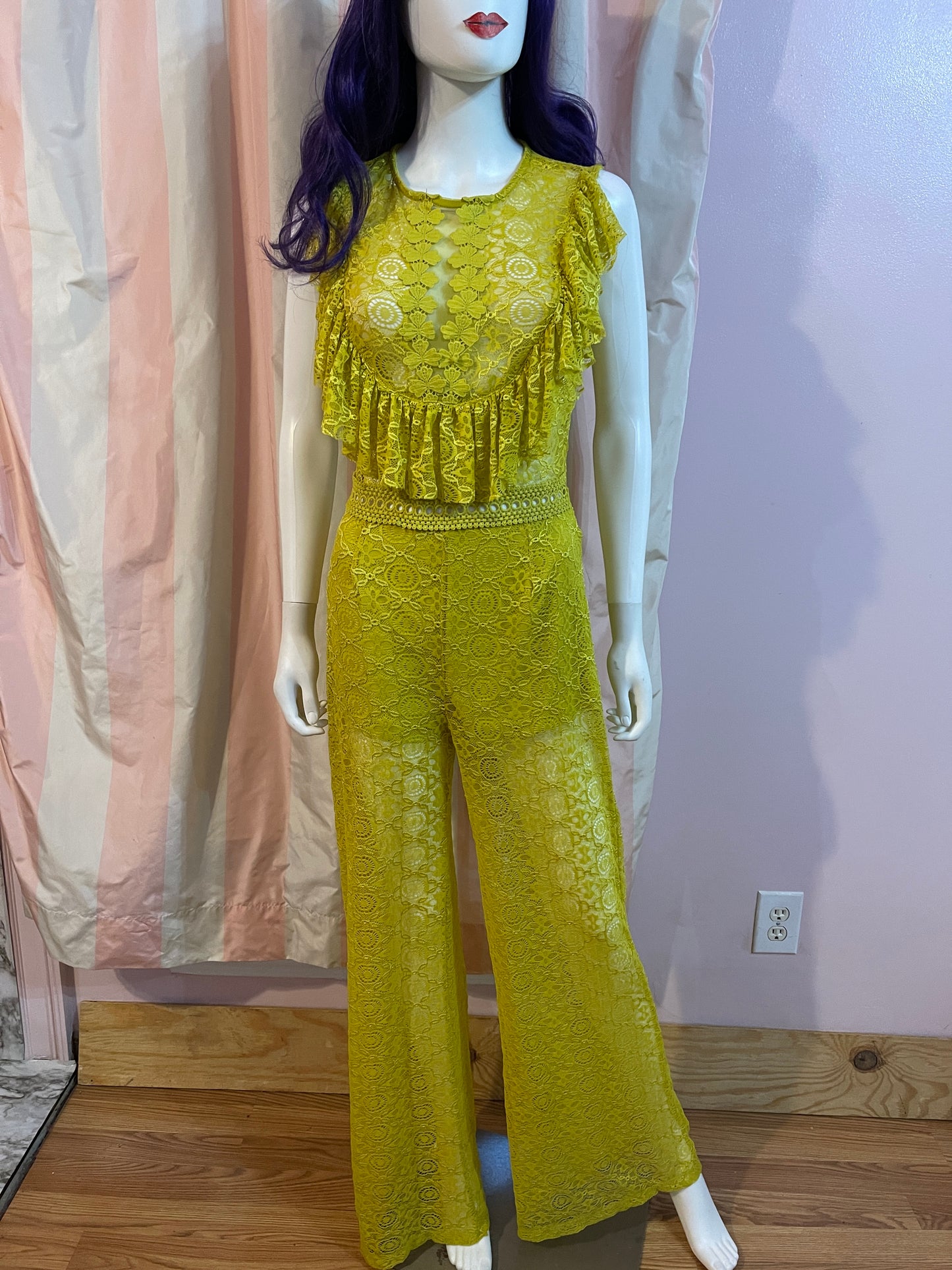Green Lace Ruffle Pantsuit Body Suit