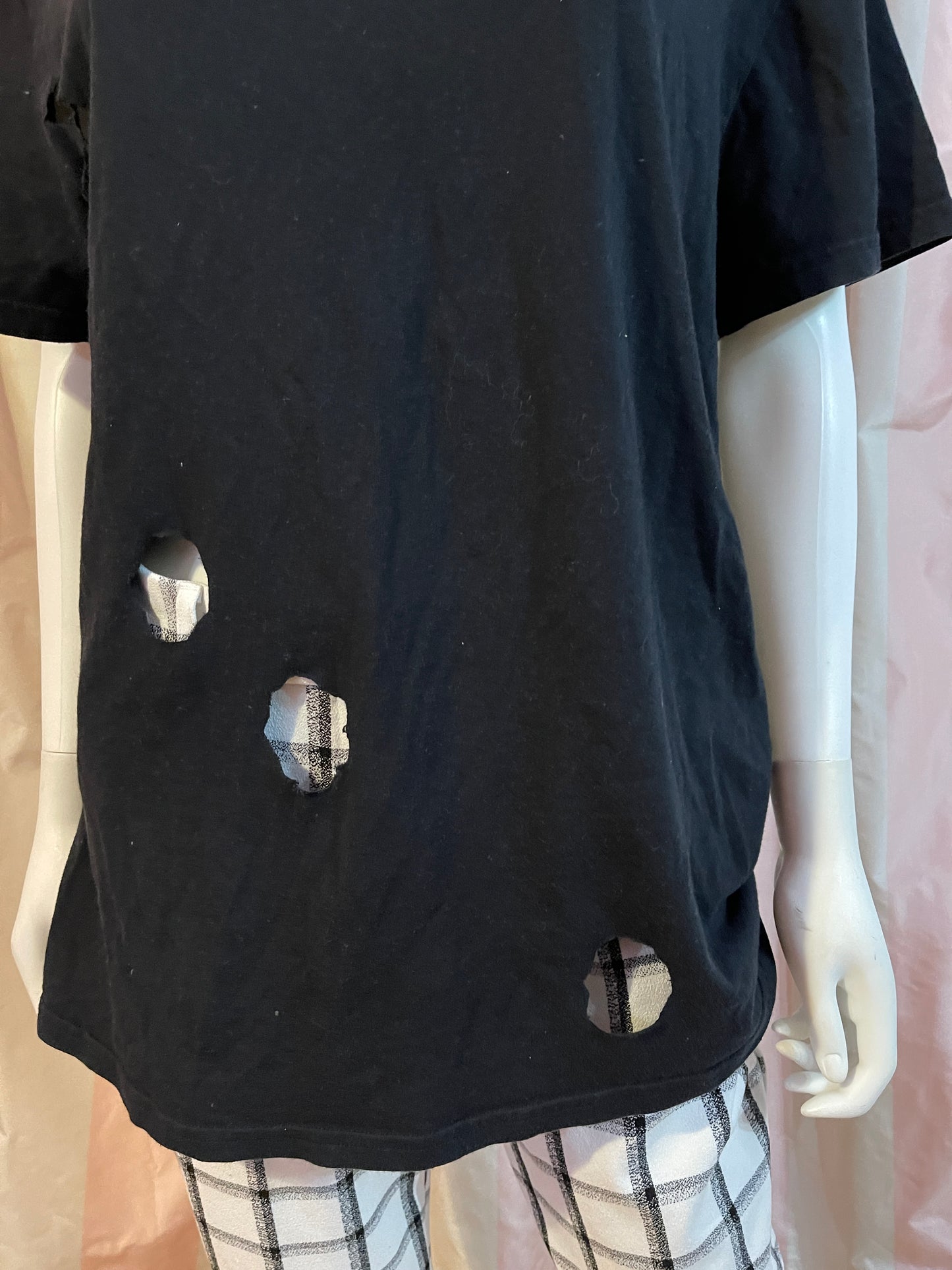 Black Cut Out Large Tee Shirt with White Plaid Trousers
