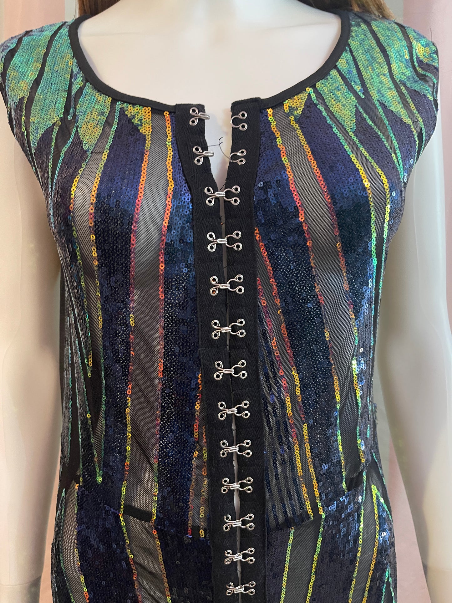 Vintage Black Blue Gold Sequin Jumpsuit