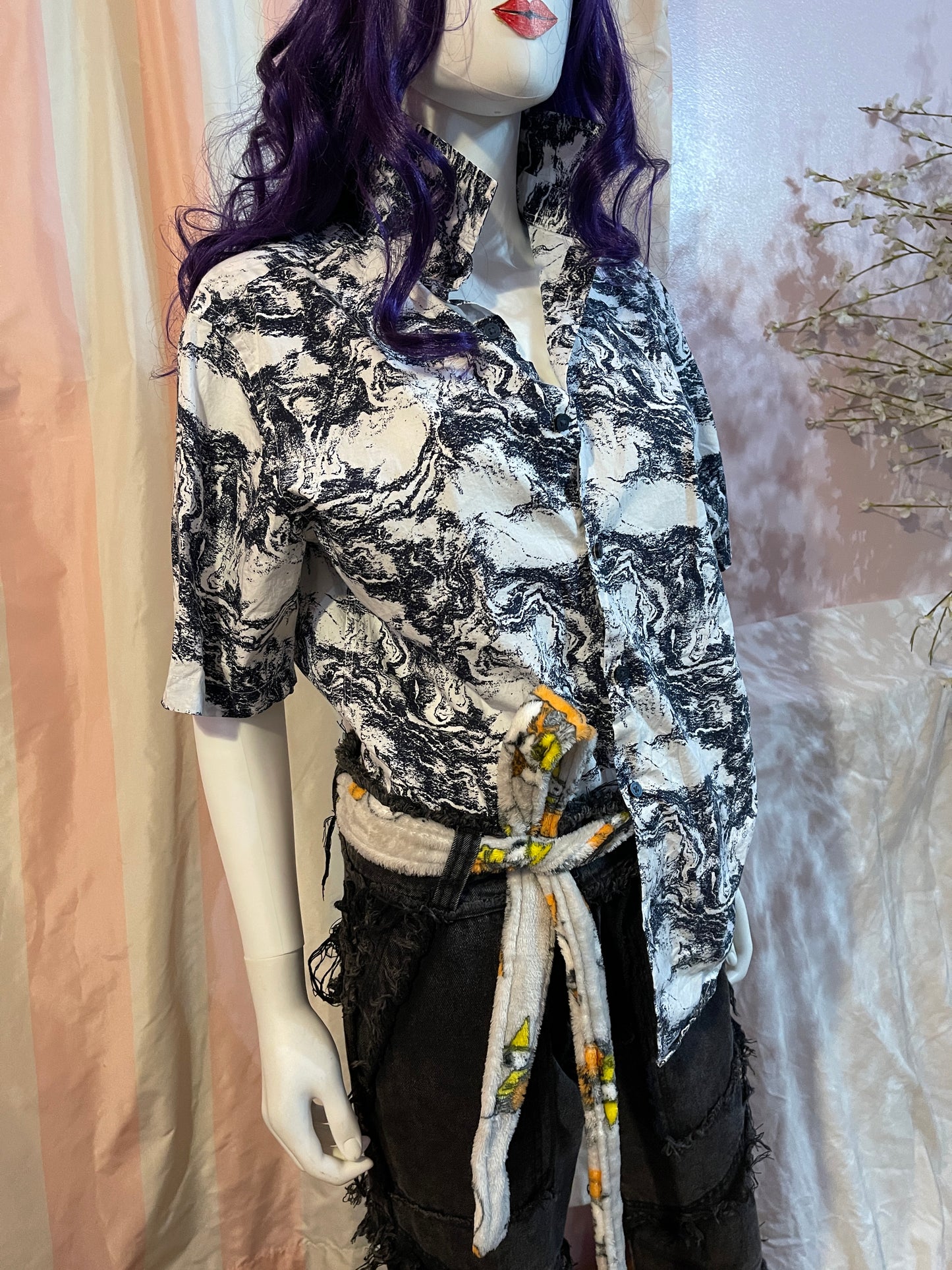 White Abstract short sleeve button shirt