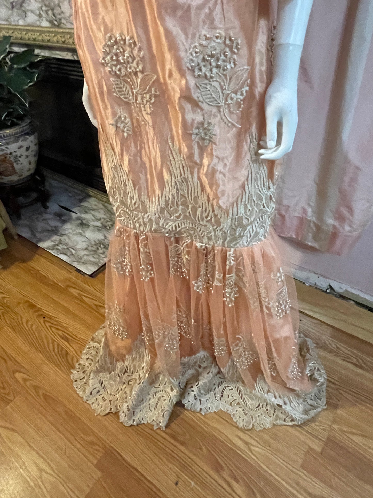 Vintage Pink Peach Satin Lace Dress Gown