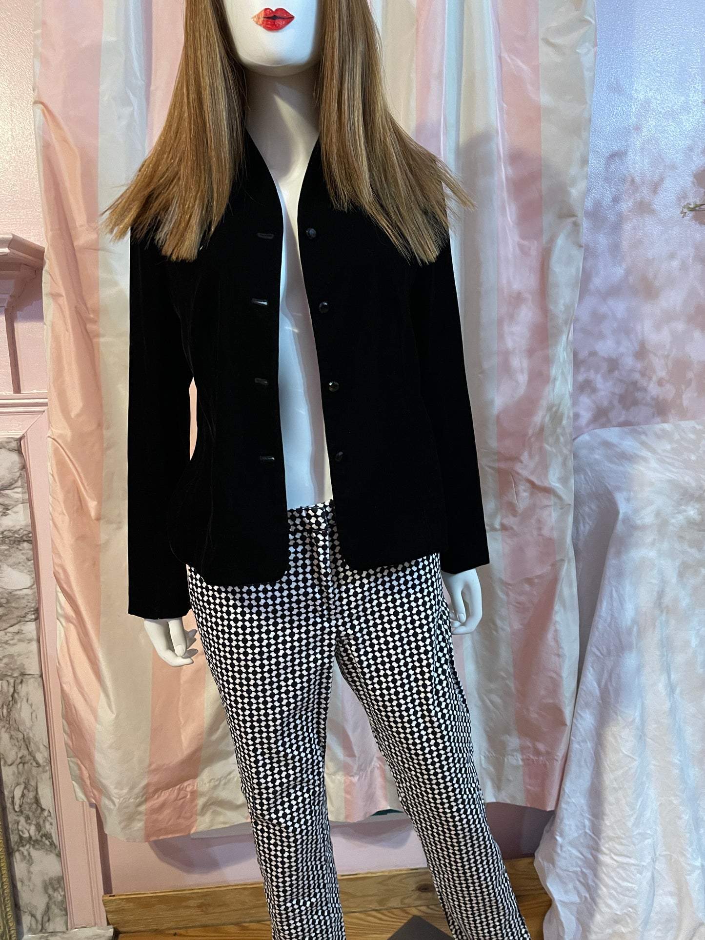 Black Velvet Shirt Jacket & Blk White Trouser Pants