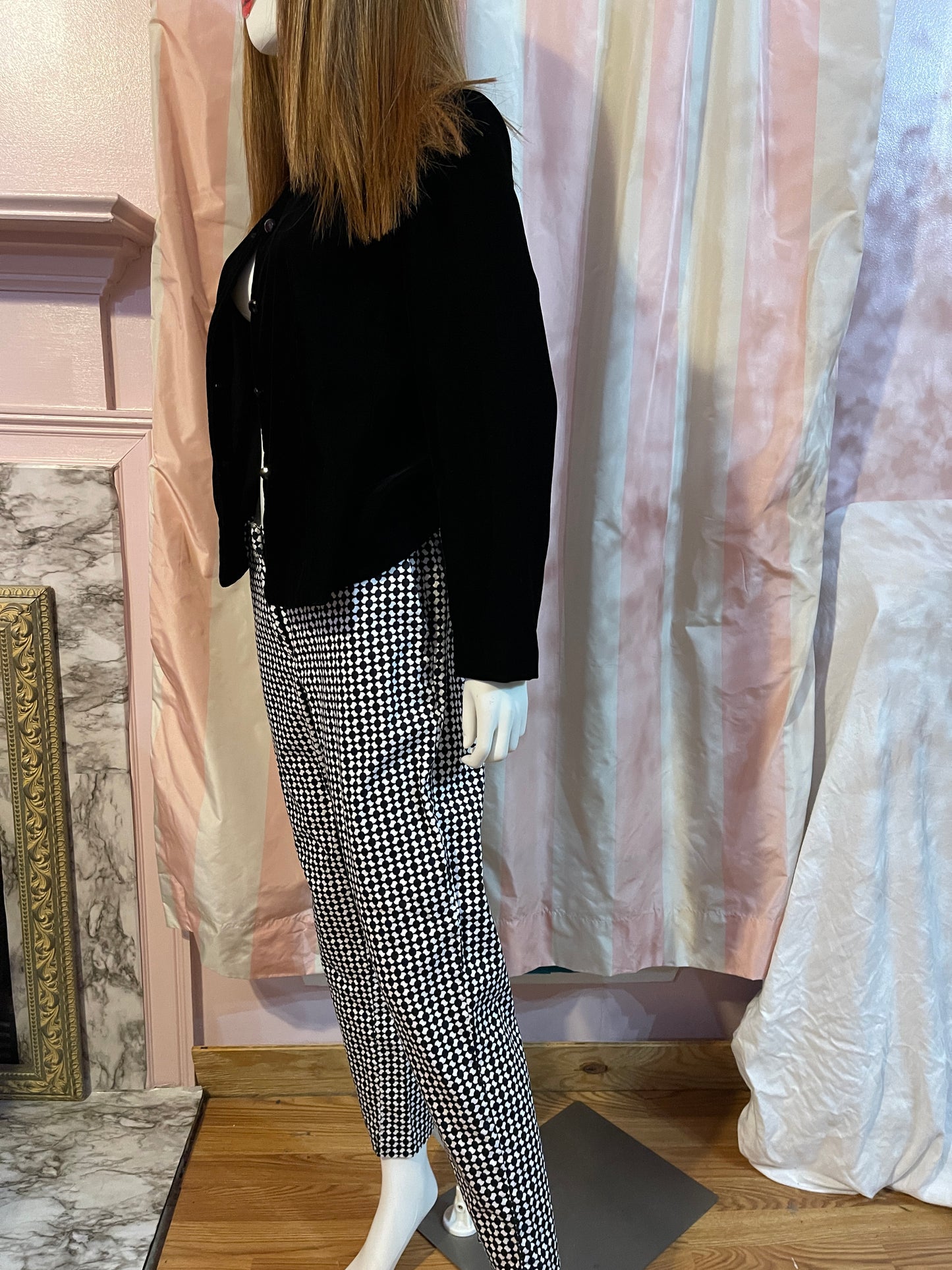 Black Velvet Shirt Jacket & Blk White Trouser Pants