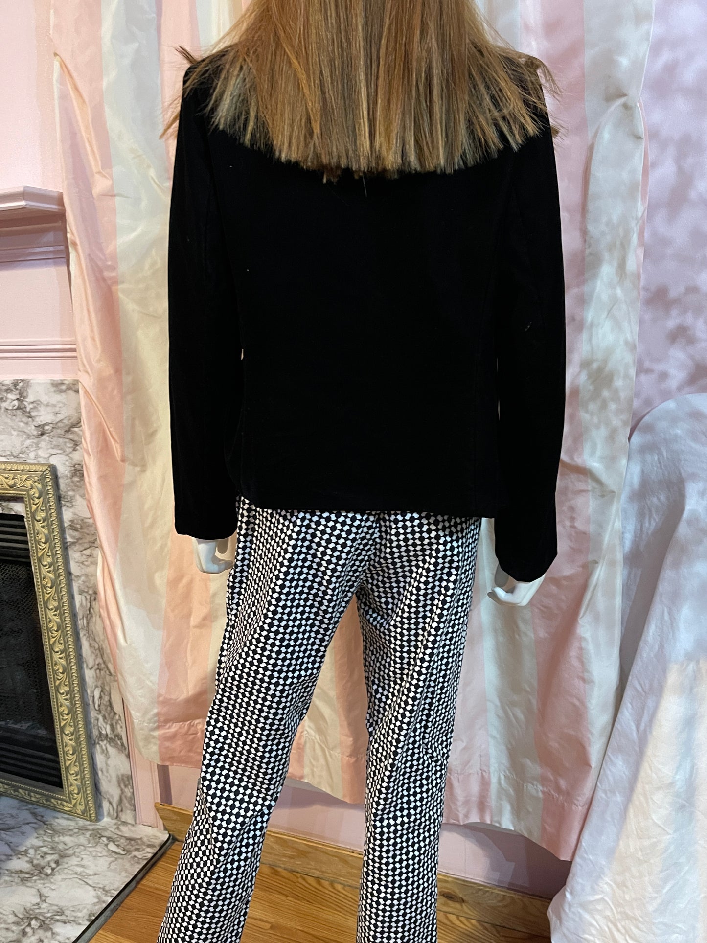 Black Velvet Shirt Jacket & Blk White Trouser Pants